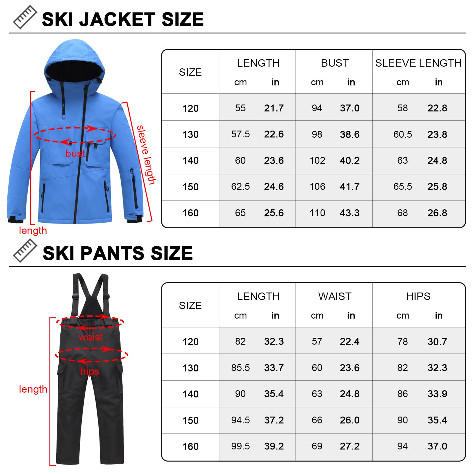 Skianzug Jungen mit Kapuze Winddicht und Wasserdichter Schneeanzug Mädchen Skianzug Zweiteilig Kinder Warme Skijacke + Skihose