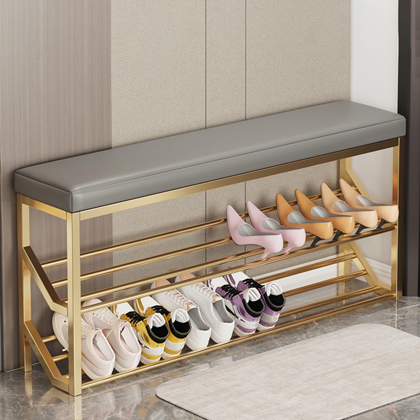 LWJSOCP Compact Shoe Bench with Cushion Seat Shoe Storage for Entryway and Living Room Grey Shoe Rack with Shelf Space Saving Design (23.6in)