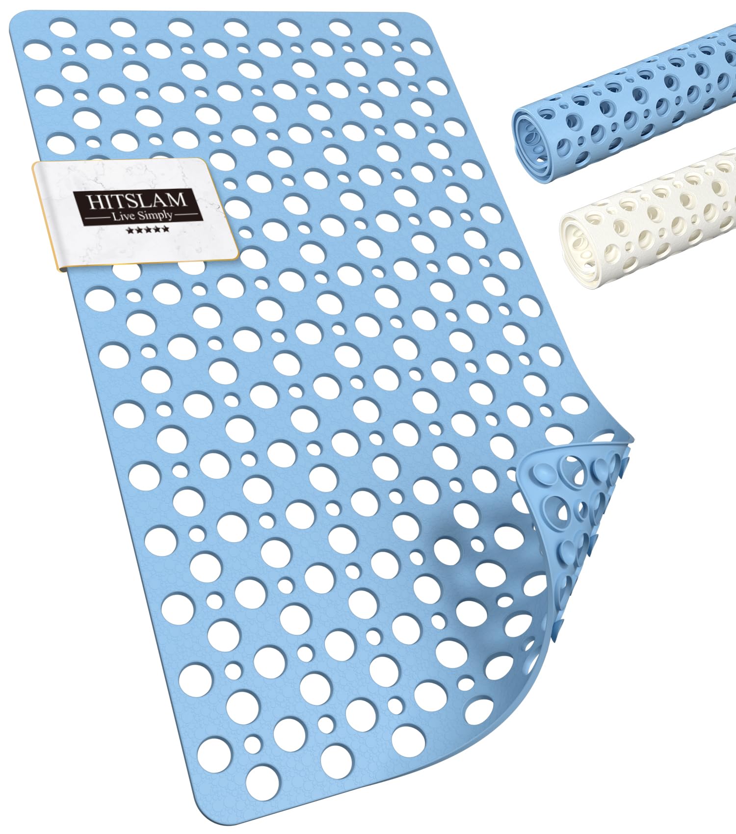 HITSLAM Bath Mat Non Slip Anti Mould, 75 x 43cm TPE Shower Mat for Bathtub & Shower, Machine Washable with Large Drain Holes and Strong Suction Cups, Fast Draining, Blue