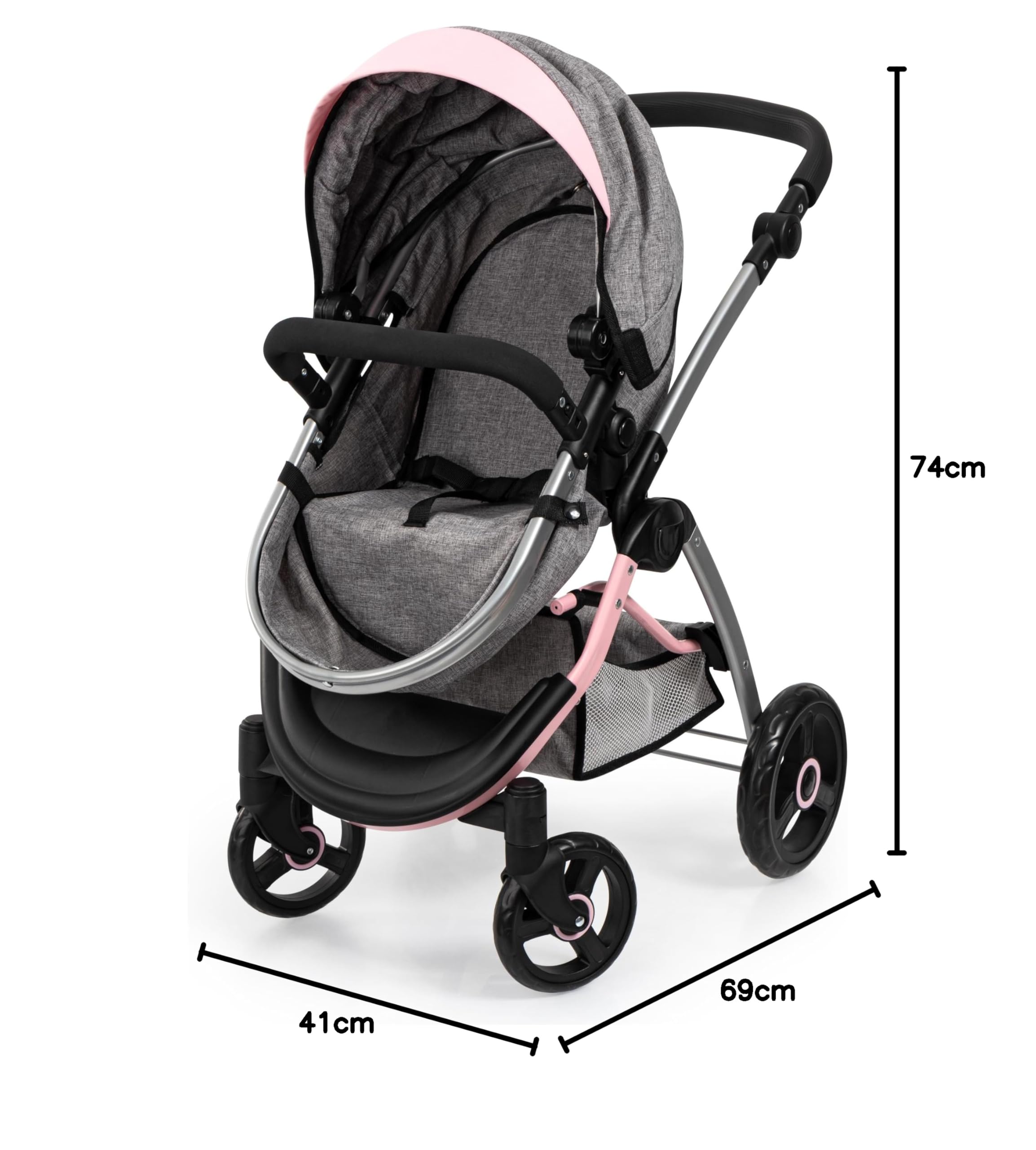Bayer Design 17533AA Carrozzina per bambole City Max con borsa, altezza regolabile, ruote anteriori piroettanti, trasformabile in passeggino, cestino integrado