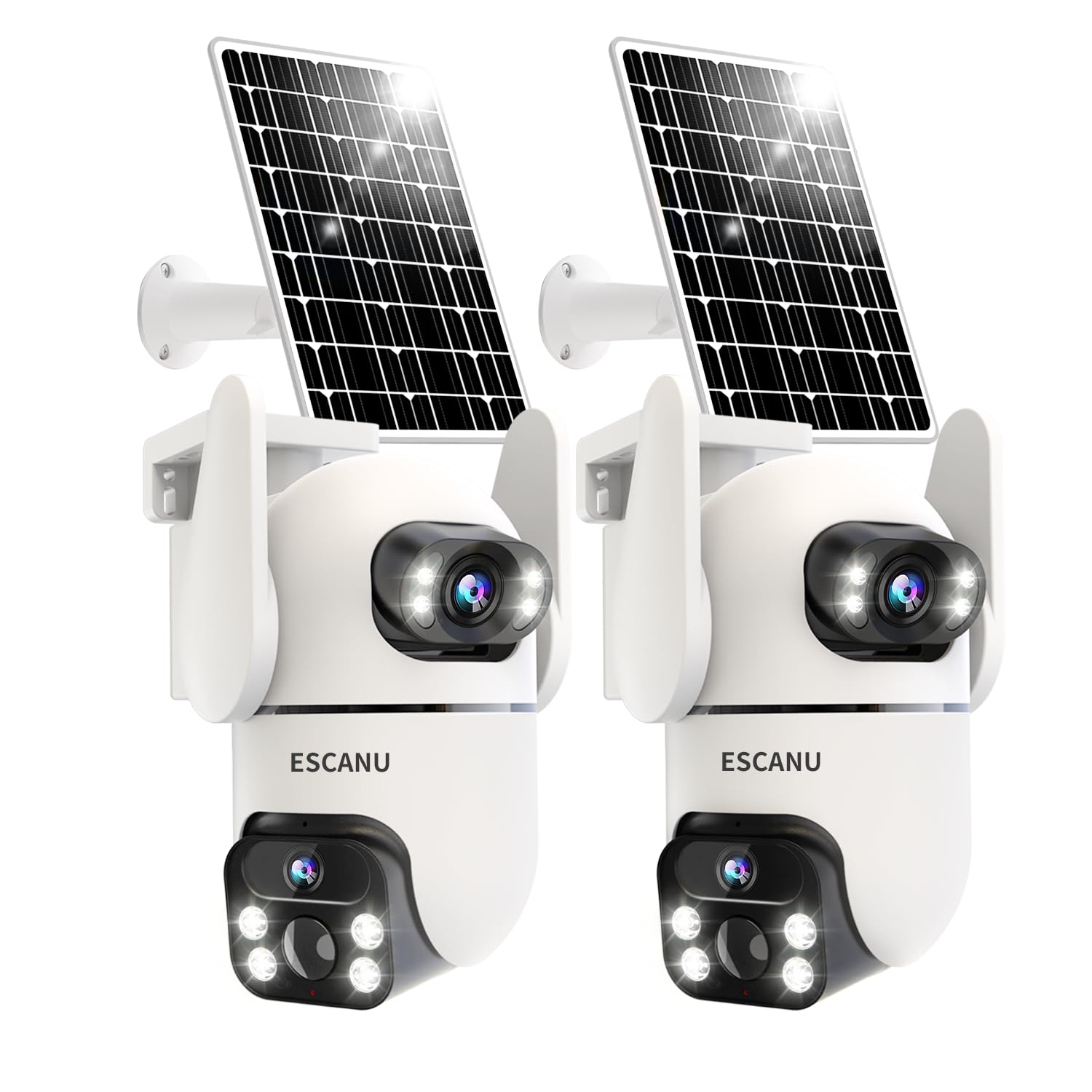 ESCANU Solar Security Cameras Outdoor Wireless,Cameras for Home Security with Dual Lens,360° View Pan/Tilt,Color Night Vision,2-Way Audio,SD/Cloud Storage,2.4GHz WiFi(2 Pack)