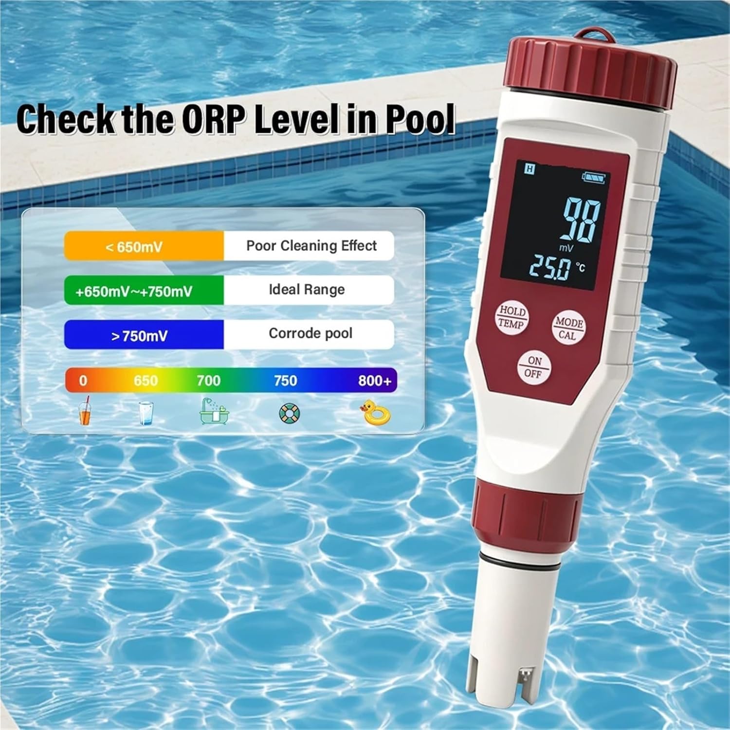 1pc 7-in-1 Water Quality Tester FAC PH ORP TDS Salinity EC Temp Digital Pen for Pool Aquarium Drinking Water IP67 Waterproof