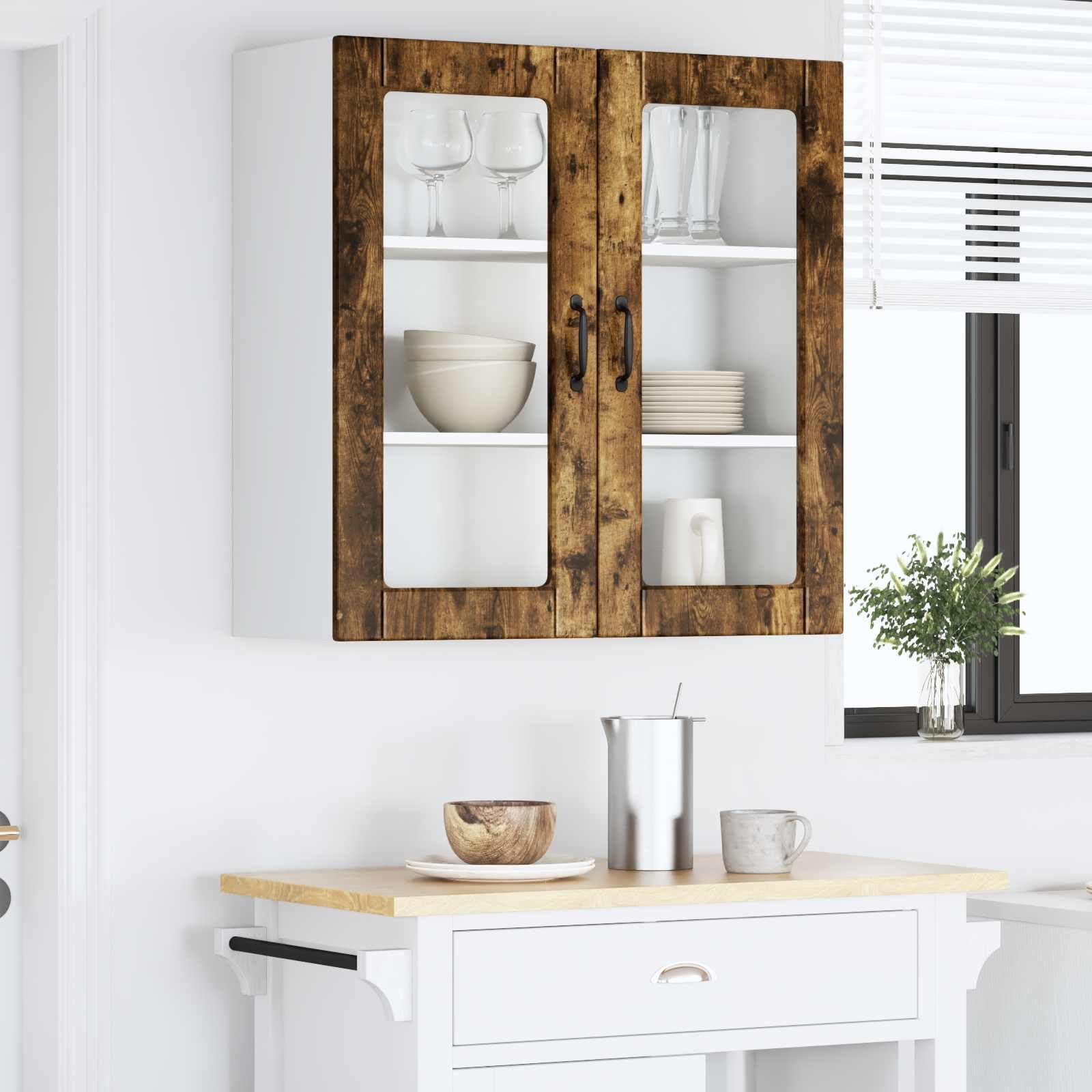 Porto szafka ze szkła ściennego, dąb wędzony, 80 x 31 x 80 cm, materiał drewnopochodny z 3 półkami, montaż na ścianie, wąska szafka kuchenna do jadalni, korytarza, spiżarni, miejsca do