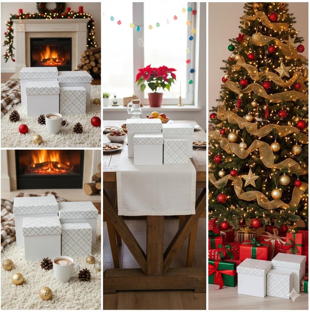Emartbuy Set of 4 Rigid Square Shaped Presentation Handmade Cotton Paper Gift Box, Chequered White, White Interior image 4
