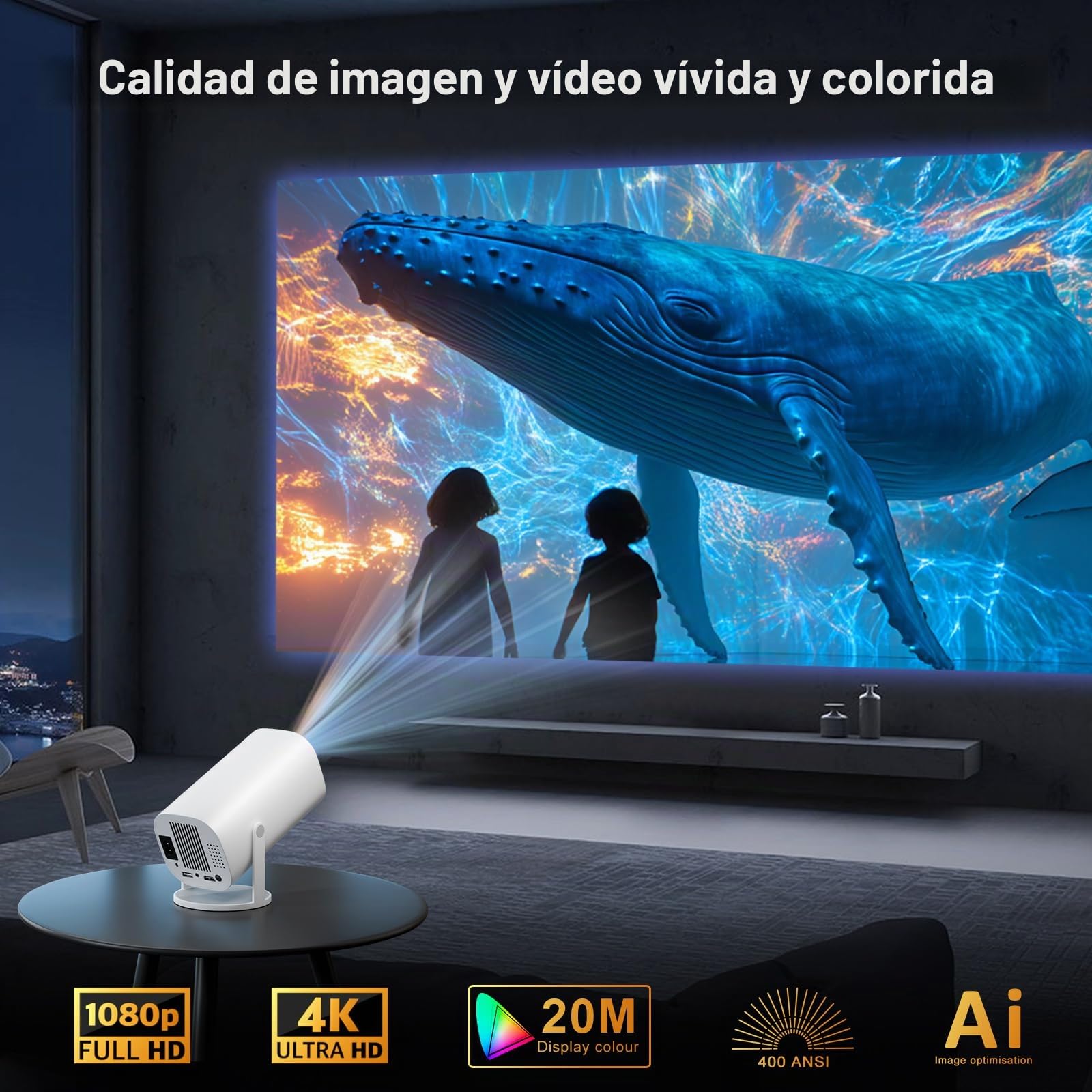Proyector Portatil 4K Full HD 1080P, Proyector 4K con WiFi 6 y Bluetooth 5.4, con corrección Trapezoidal automática, rotación de 180°, Compatible con HDMI/TV Stick/PC/Memory Stick