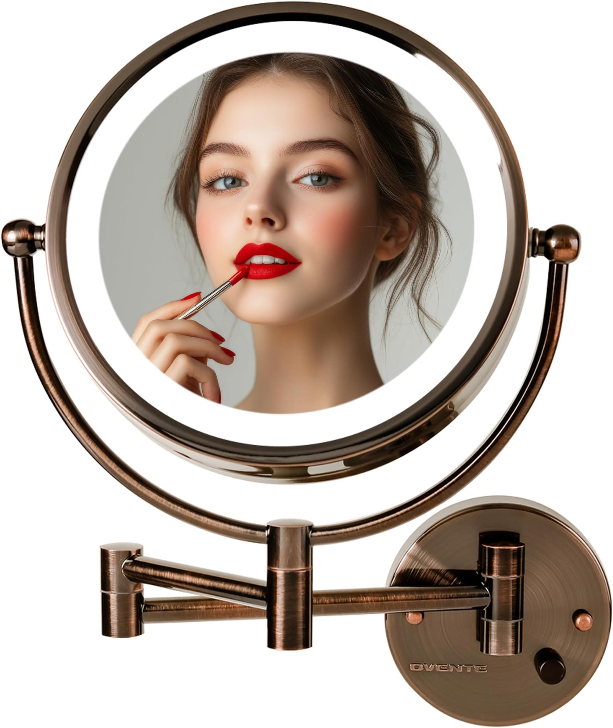 Ovente Dual Sided Wall Mounted Vanity Mirror 8.5 Inch Antique Brass with 1X 7X Magnification and Hardwired Electrical Connection (MPWD3185AB1X7X)