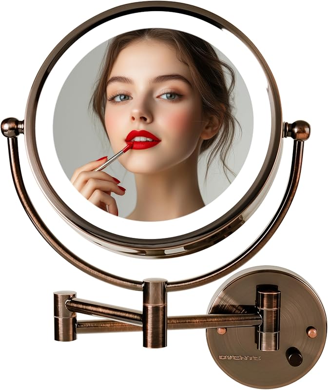 Espelho de parede para banheiro OVENTE com iluminação LED, dupla face, aumento 1X/7X, braço extensível de 14 polegadas, Antique Brass MPWD3185AB1X7X