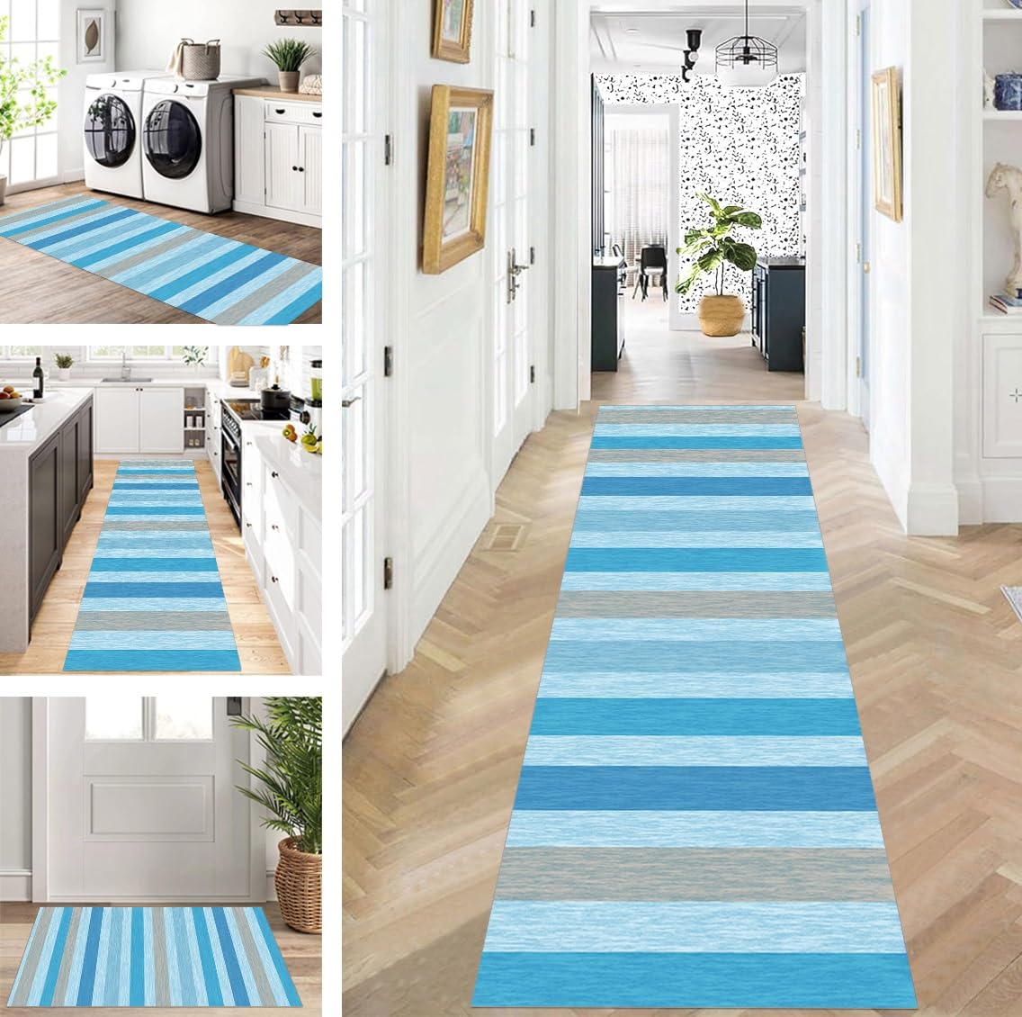 Läufer Flur Küche Waschbar rutschfest 80X200cm Lang Blau Küchenteppich Flurteppich Teppich Fur Korridor Wohnzimmer Schlafzimmer Meterware Anpassbar