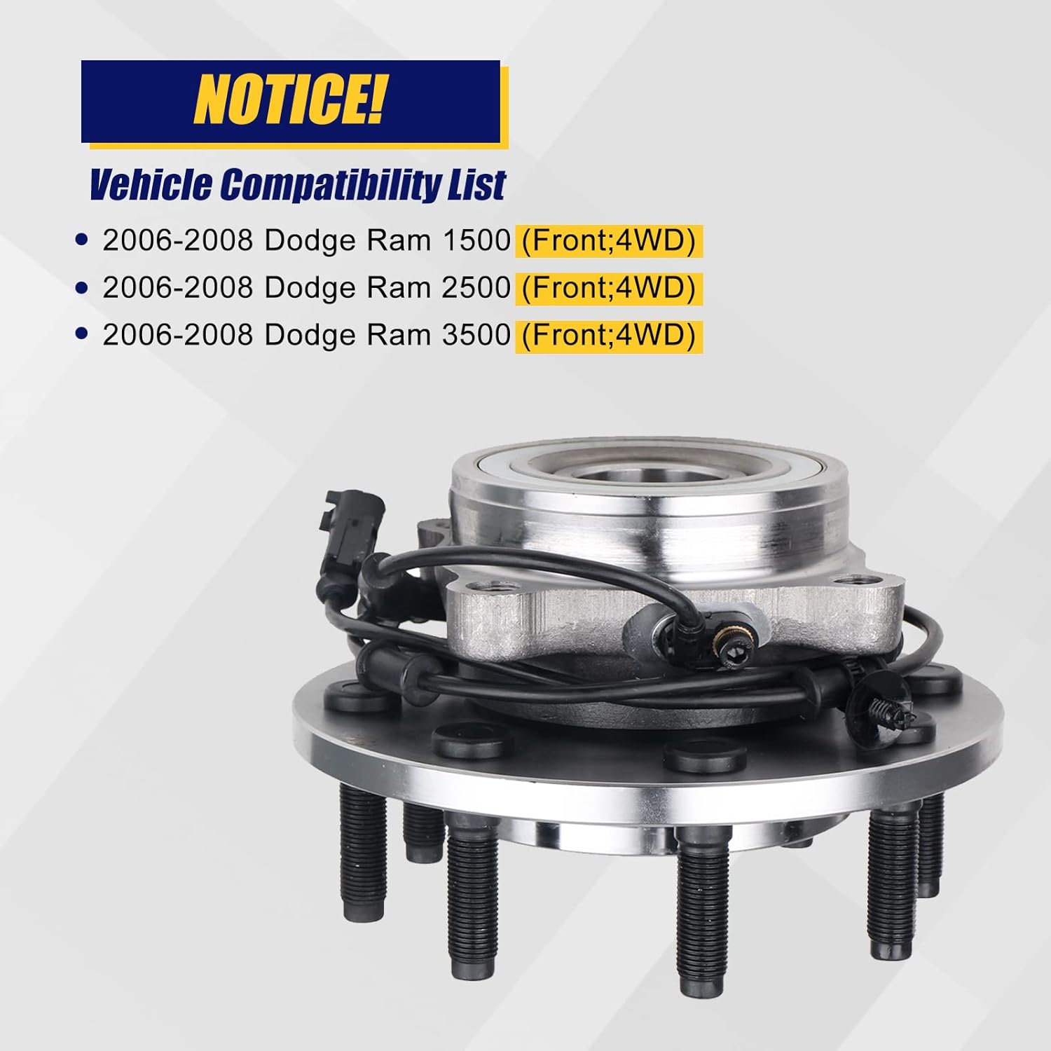 KUSATEC 515101 Front Wheel Bearing and Hub Assembly Compatible with Dodge Ram 1500 2500 3500 2006 2007 2008, 8 Lug Bolts w/ABS