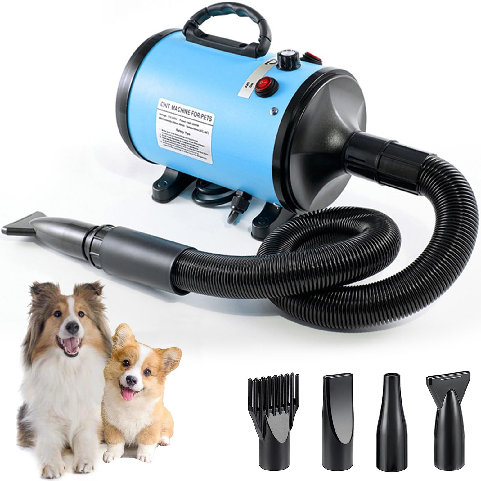 Jargrovs Soplador Perros 2800W Secador de Pelo Perros Secador de Pelo para Mascotas Velocidad y Temperatura Ajustables Secador de Pelo para Cuidado de Mascotas Secador Silencioso con 4 Boquillas