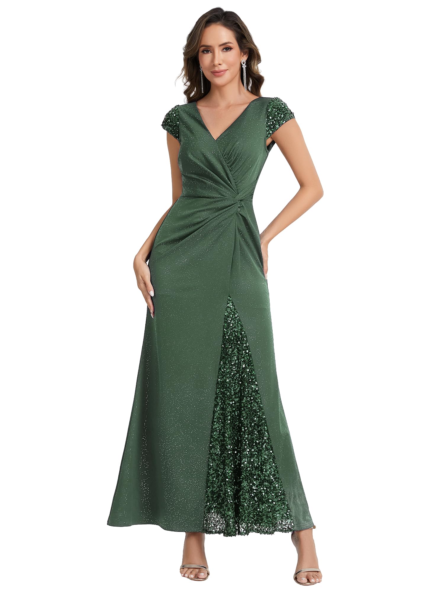 Ever-Pretty Abito da Sera Lungo Aderente Collo a V con Paillettes Maniche Corte EE02657