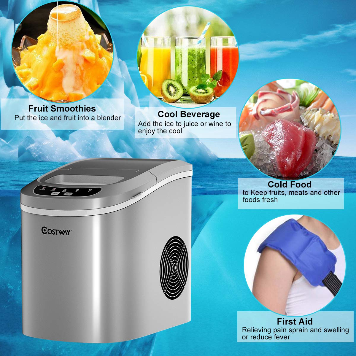 COSTWAY Countertop Ice Maker, 26lbs/24h Portable And Compact Ice Maker Machine, Ice Cubes Ready In 6 Mins, Electric High Efficiency Small Ice Maker With Ice Scoop For Home Kitchen Office, Silver on Fridge.com - View 6