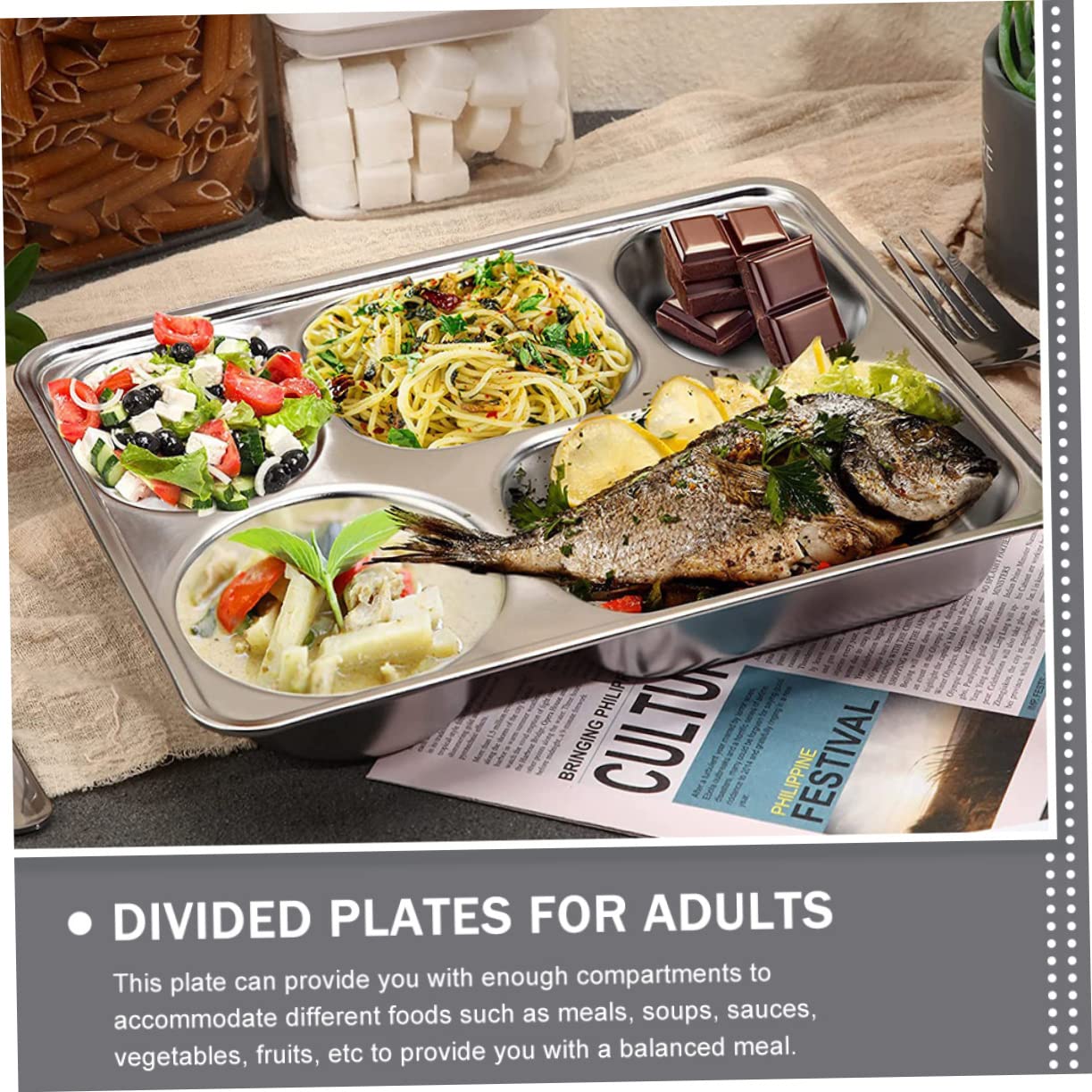 Lot de 3 Assiettes Repas en Acier Inoxydable à Trois Compartiments