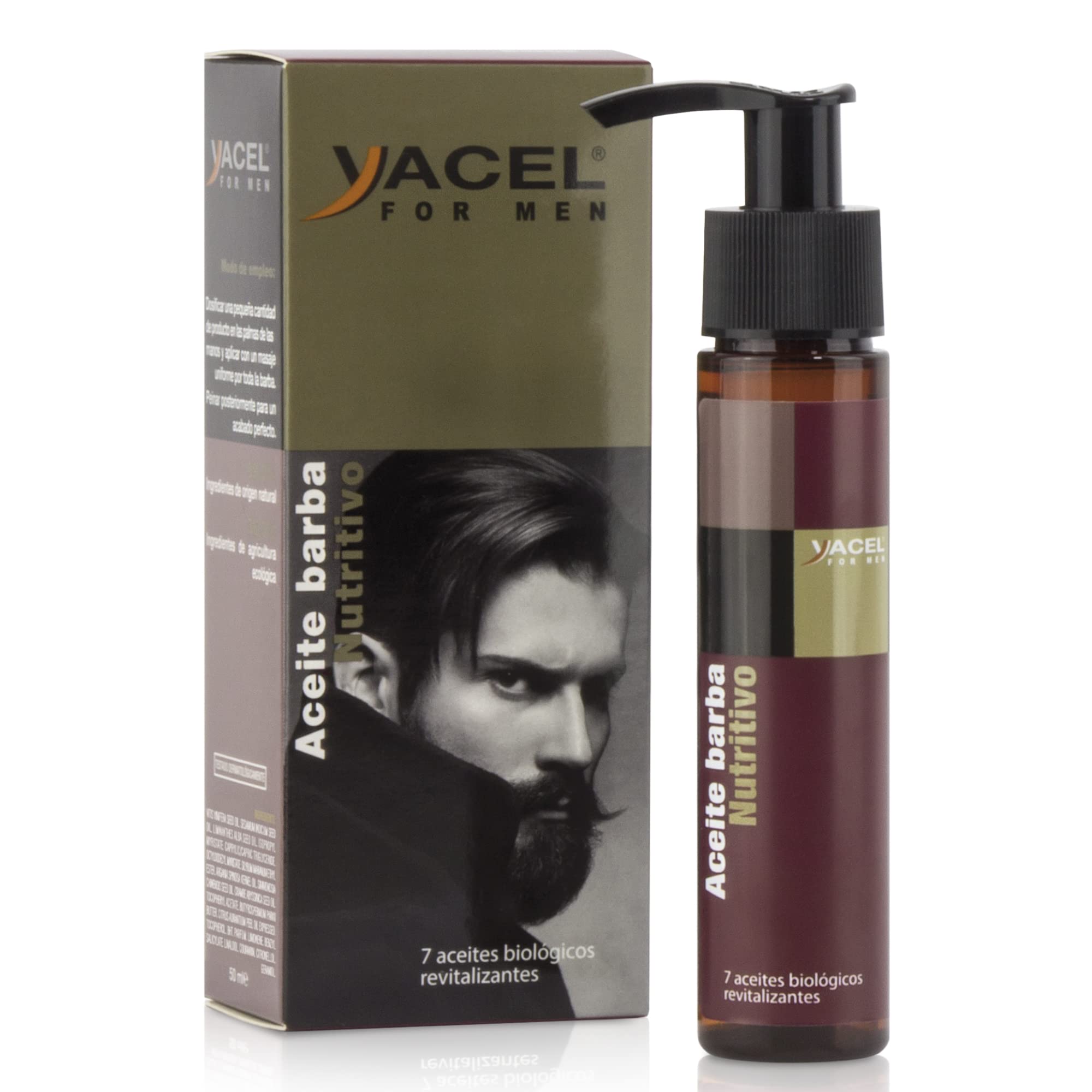 Yacel For Men | Aceite para Barba Nutritivo | Hidrata, Nutre y Revitaliza | Ayuda a Moldear la Barba de los Hombres |Con 7 aceites biológicos revitalizantes | 50ml