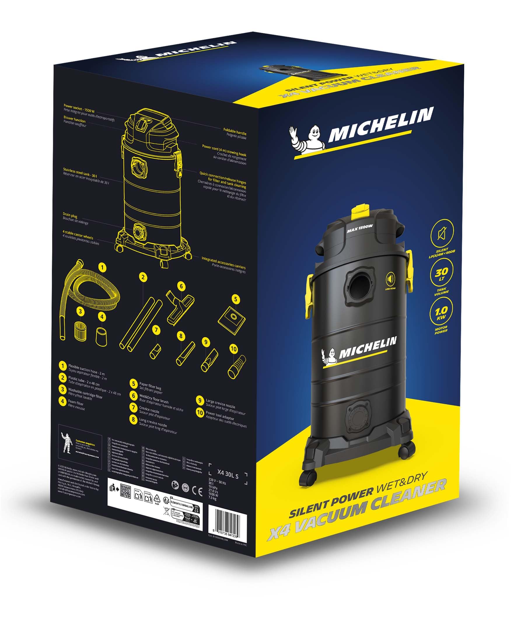 MICHELIN, Aspiratore Solidi e Liquidi, X4 30L S, Gamma SILENZIOSA, Serbatoio in Acciaio da 30 L, con Presa Elettroutensili, 1000 W, Completo di Accessori, Funzione di Soffiaggio, 19 kPa
