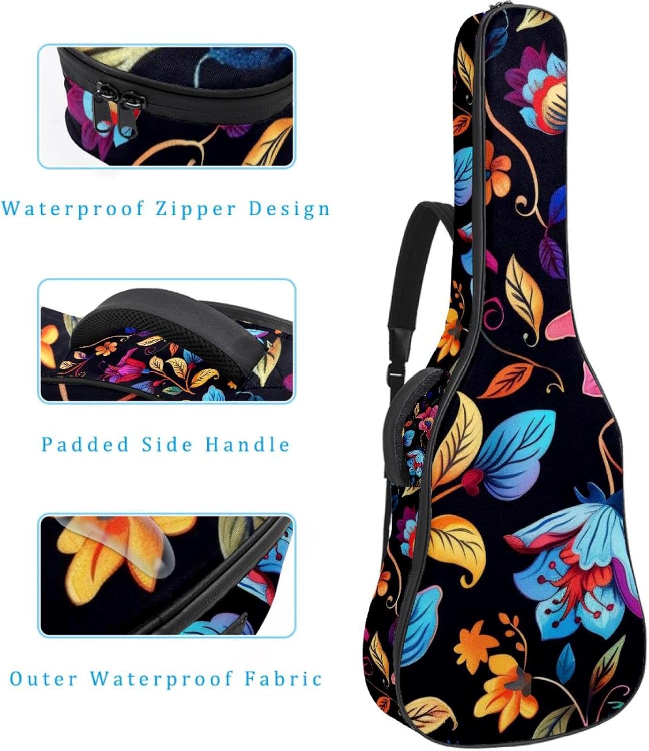 Acoustic Guitar Gig Bag 1 cm Thick Padding, Waterproof Electric Guitar Bag 40-42 Inch Guitar Case Backpack with Dual Shoulder Strap, Boho Floral Pattern