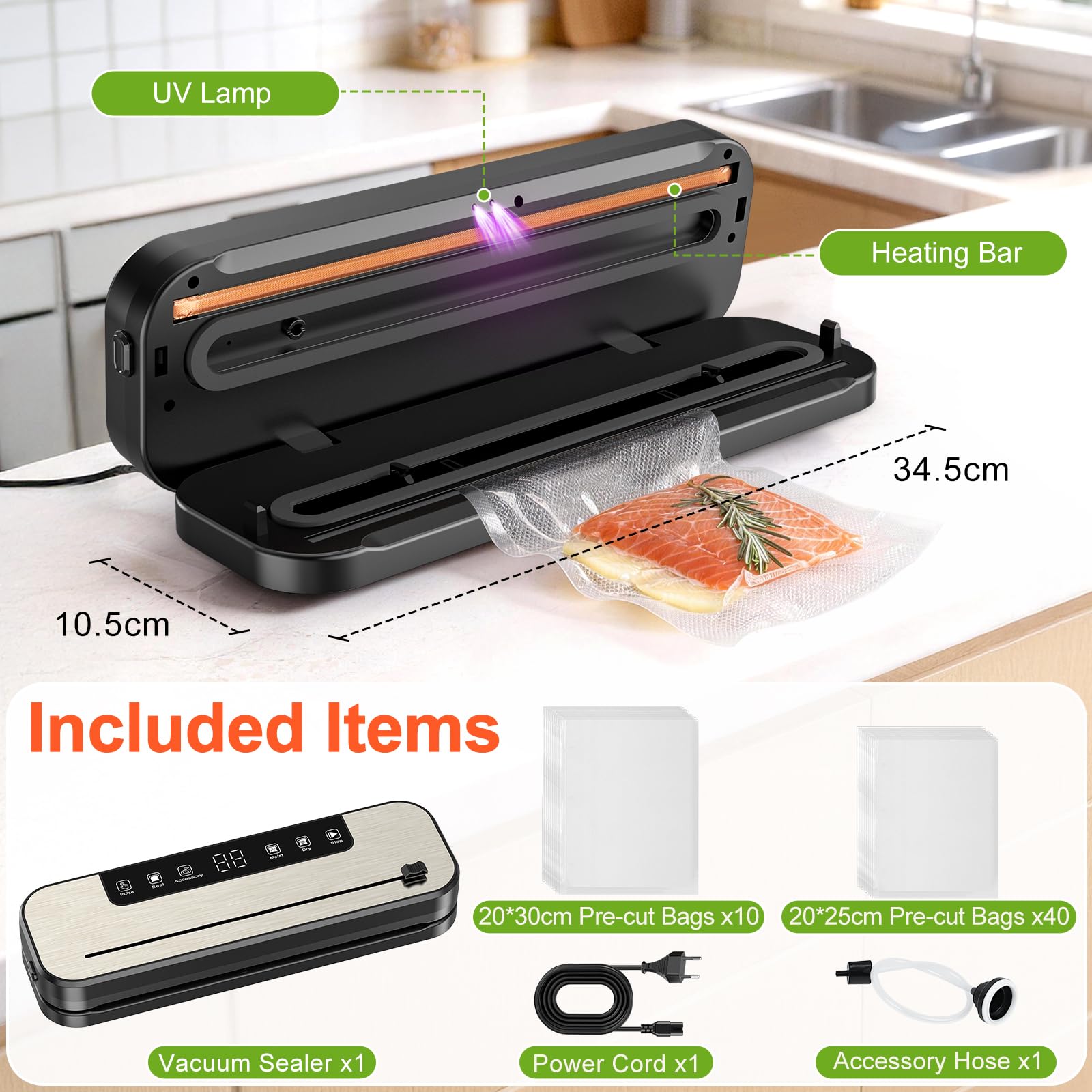 SHINER Machine Sous Vide Alimentaire, Appareil de Mise Sous Vide 6 en 1 avec Modes Sec et Humide, UV, 50 Sacs, Couteau de Coupe et Tuyau, Scellure Large 30 cm –Idéal pour la Conservation