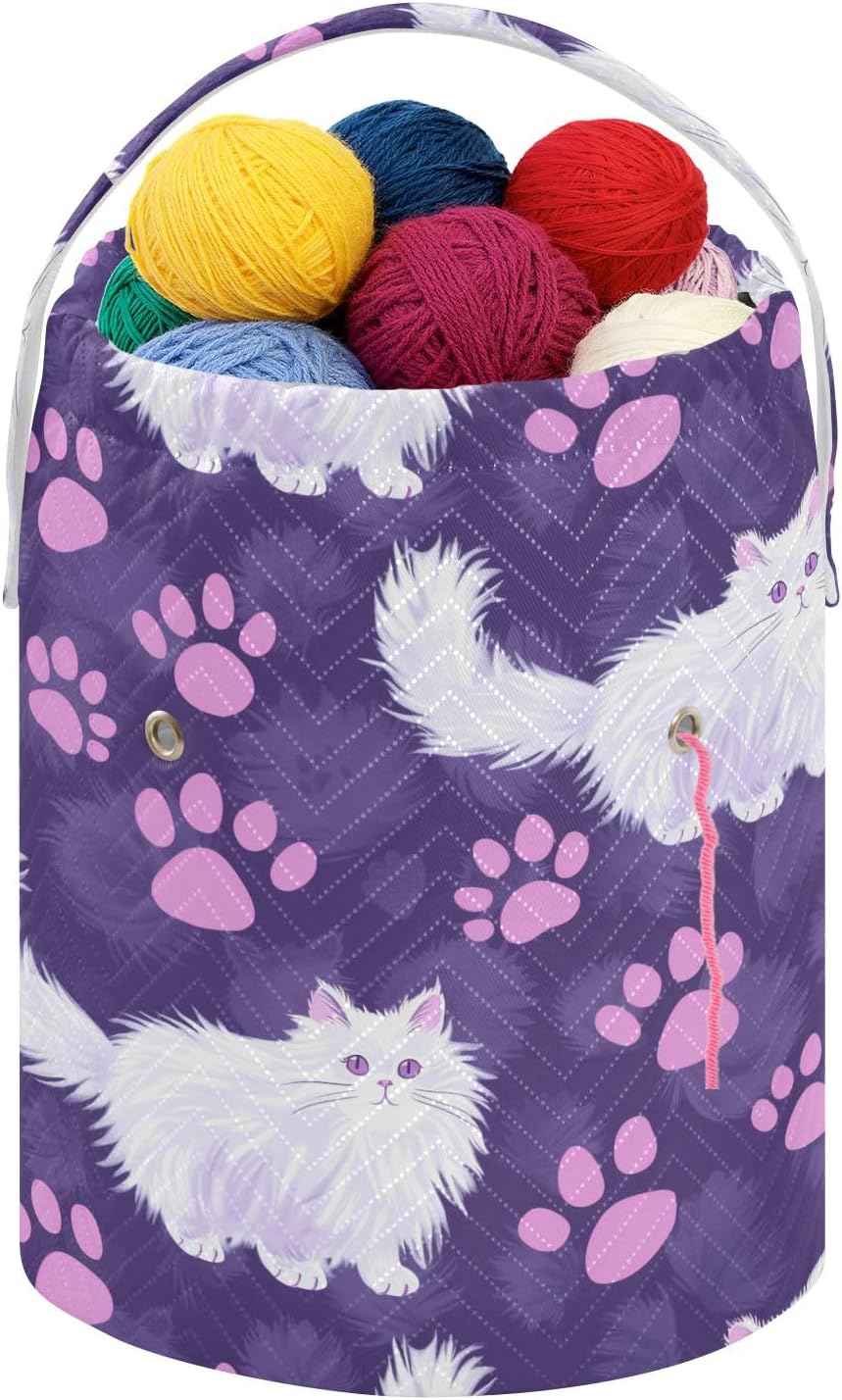 Fustylead Cute Angora Cat and Purple Paw Prints on Purple Yarn Crochet Tote Basket, Large Knitting Drawstring Organizer Yarn Storage Bag for Crocheting Project, Sewing Supplies, Yarn Balls, Needles image 2