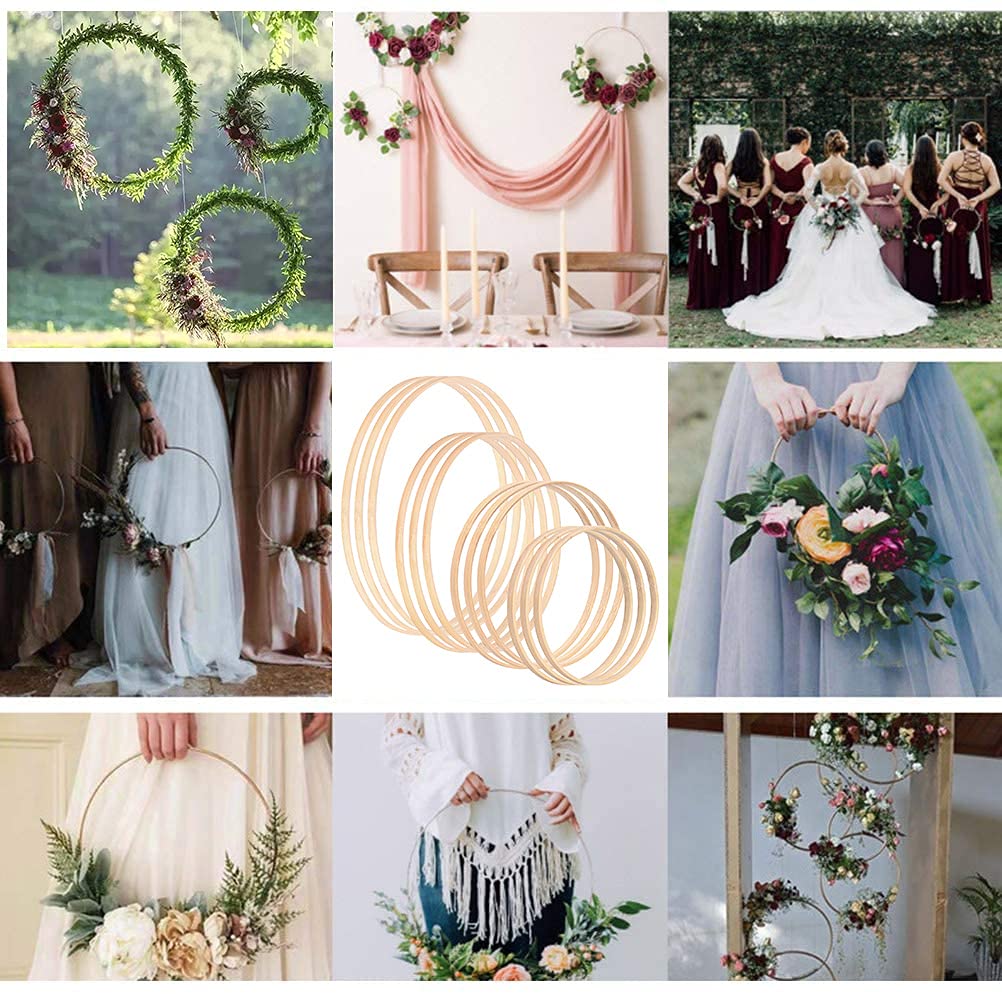 Queta 12 anelli in legno di bambù con motivo floreale in macramè, 12 pezzi, 4 misure, per fai da te, decorazione per matrimonio, decorazione per la decorazione di ghirlanda