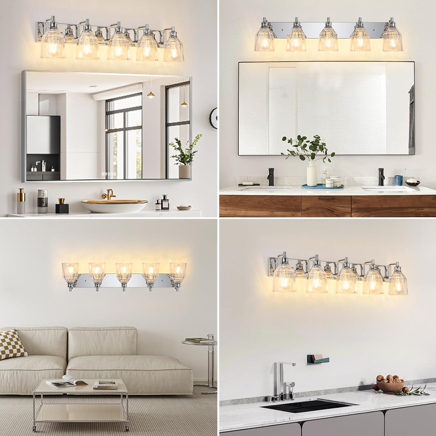 5 Light Bathroom Light Fixtures Modern Chrome Vanity Lights for Bathroom Lighting Fixtures Over Mirror with Thickened Glass Shade for Cabinet Mirror Bedroom Hallway
