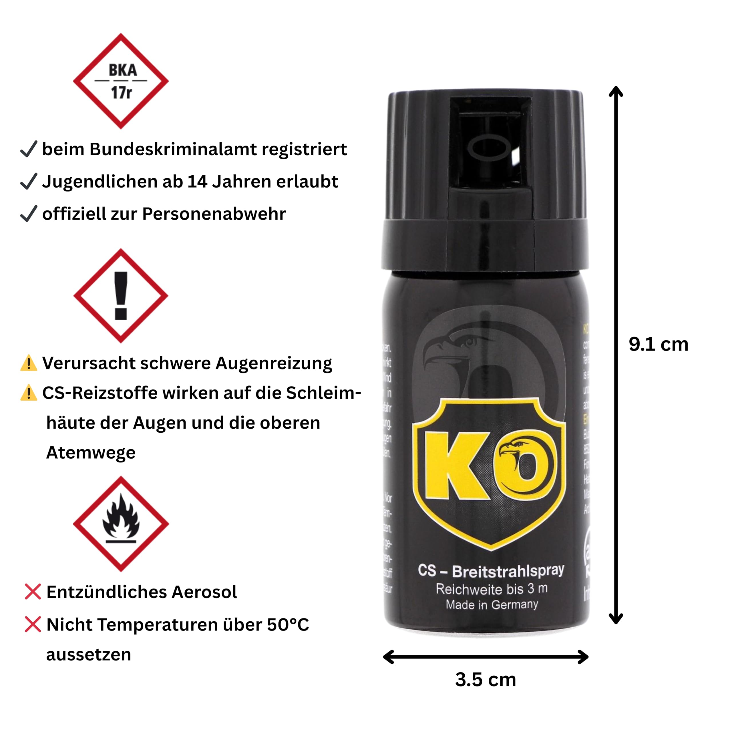 2 Stück KO Security CS-Spray 40 ml – Breitstrahl Personenabwehrspray mit BKA-Zulassung - modernes Design - kompakt und diskret