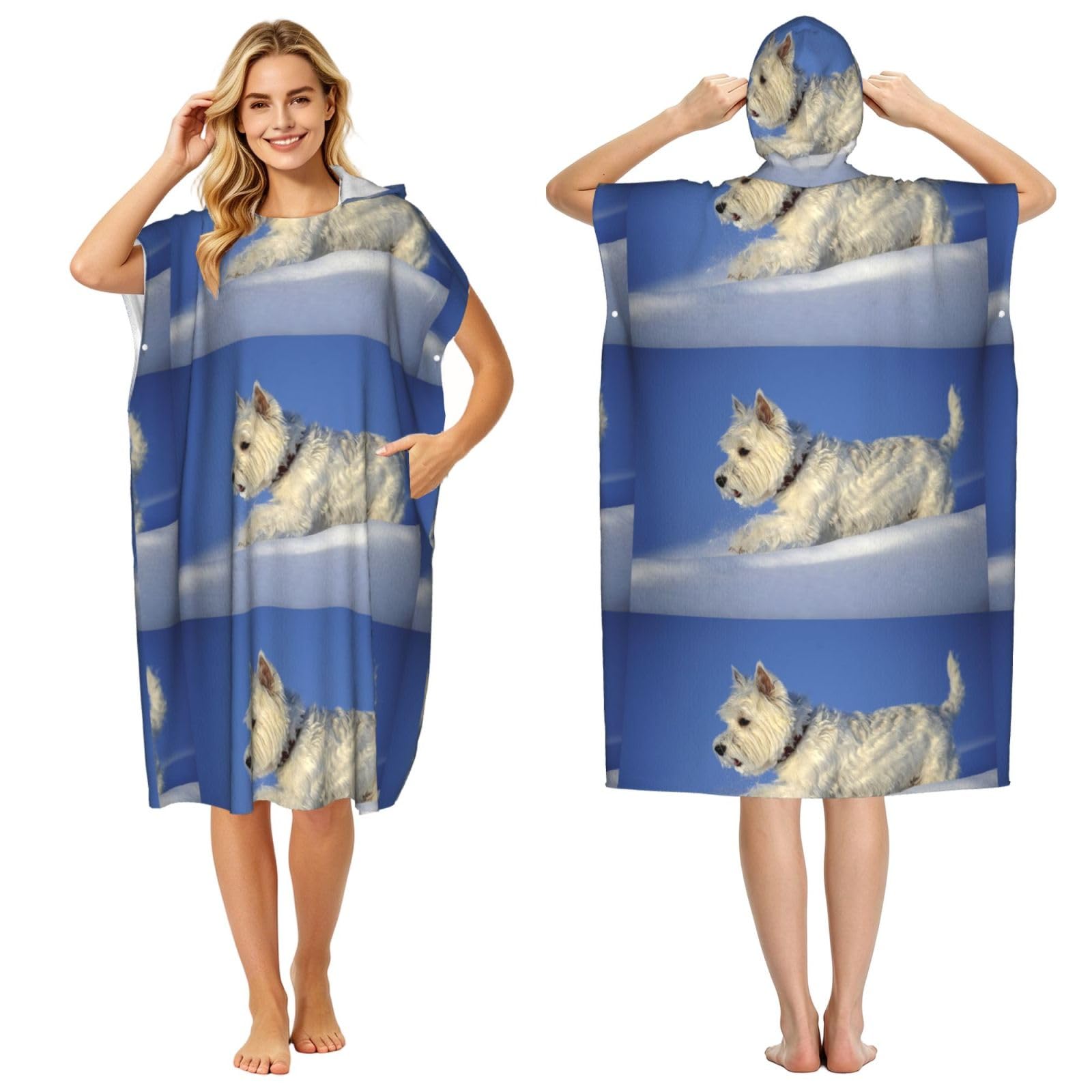 Poadnly Westie Winter West Highland White Terrier Dogs, Adult Hooded Beach Towel 90 x 110 cm,Changing Bath Robe, Surf Poncho Towel For Women Men