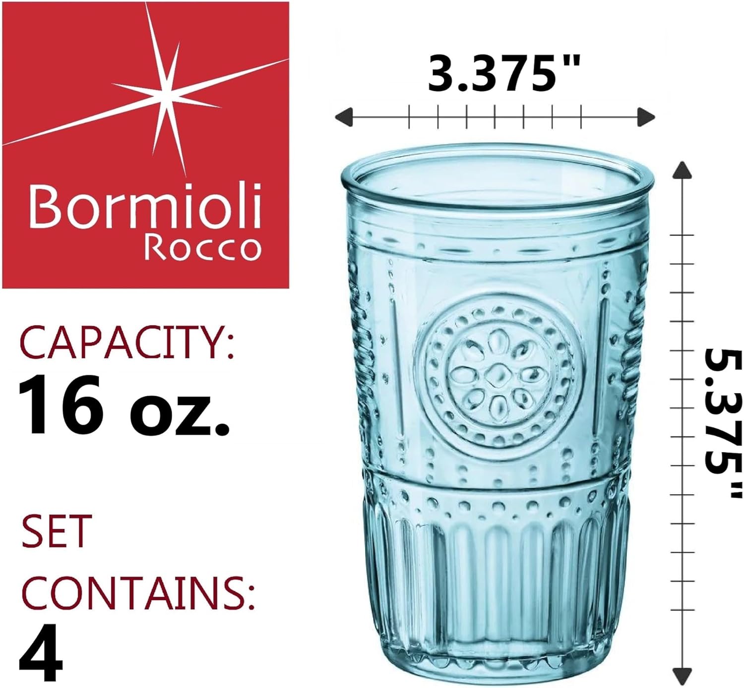 Bormioli Rocco Romantic 16 oz. Cooler Beverage Glasses for Cold Drinks, Juices, and Cocktails, Set of 4, Light Blue