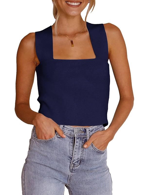 Zwurew Square Neck Tank Top for Women 2026 Casual Summer Knit Sleeveless Sweater Tops for Women Navy Blue Tanks by Zwurew - Used condition - US$18.16