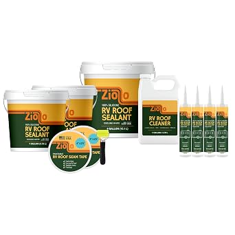 Ziollo RV 40 FT Roof Repair Kit - Roof Repair Kit to Seal and Waterproof, Bond to EPDM Rubber with Sealant 2 Paintable Tape, 4 pk Caulking, 1 Cleaner and 2 x 1G & 4G Silicone Pail