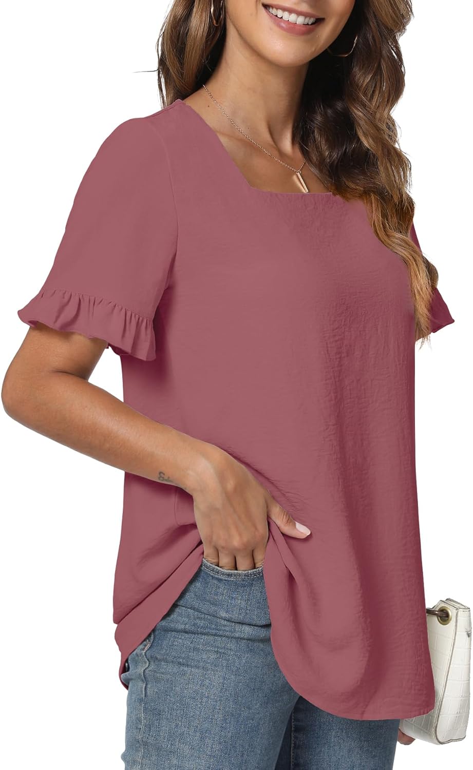 Womens Summer Tops Casual Ruffle Short Sleeve Shirts Square Neck Blouses Loose Fit Tunic - Image 3