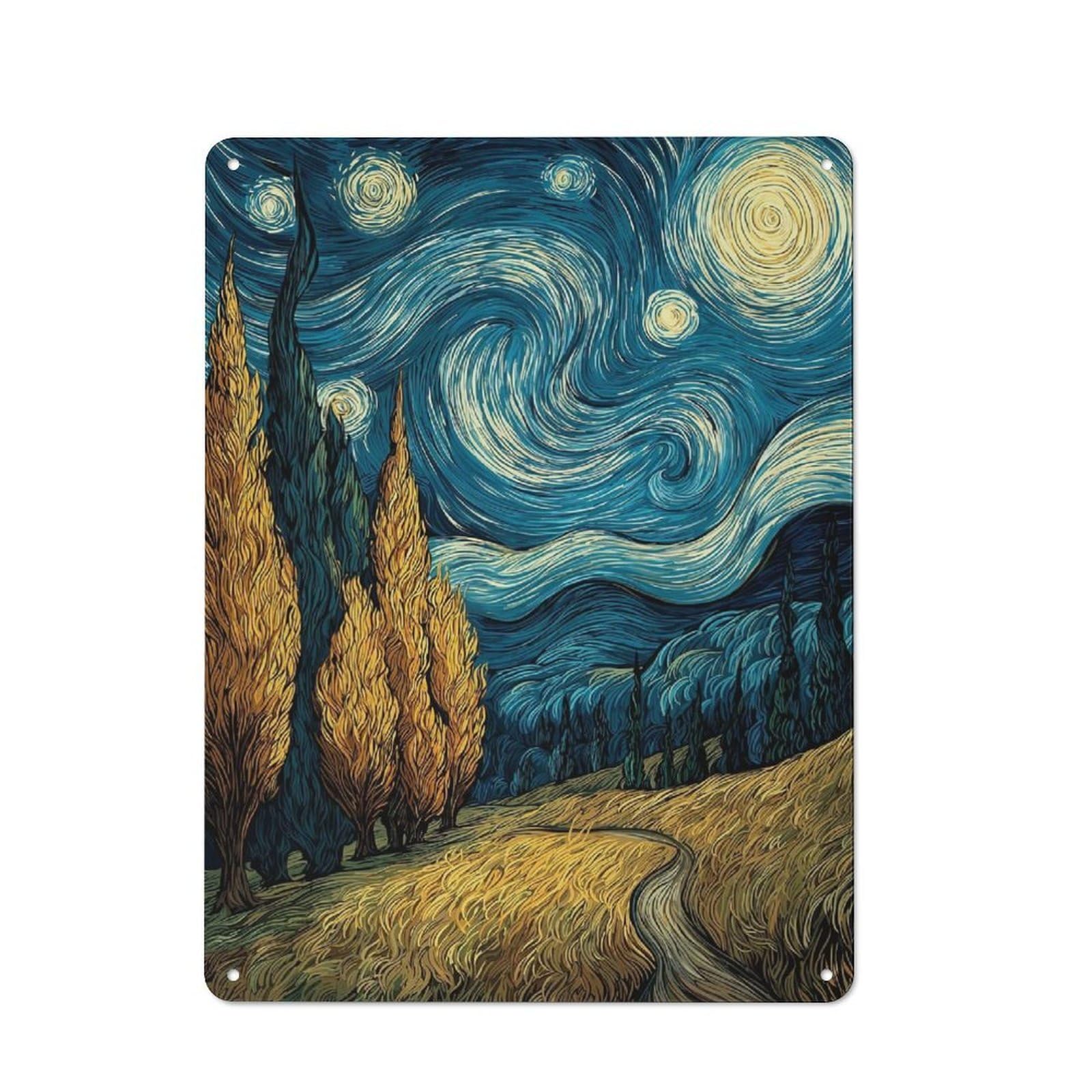 Junmoney Style-19 Starry Night Inspired Landscape Painting Vintage Metal Wall Decor 40X30cm, Vintage Metal Sign For Cafe, Bistro, Bakery Or Restaurant