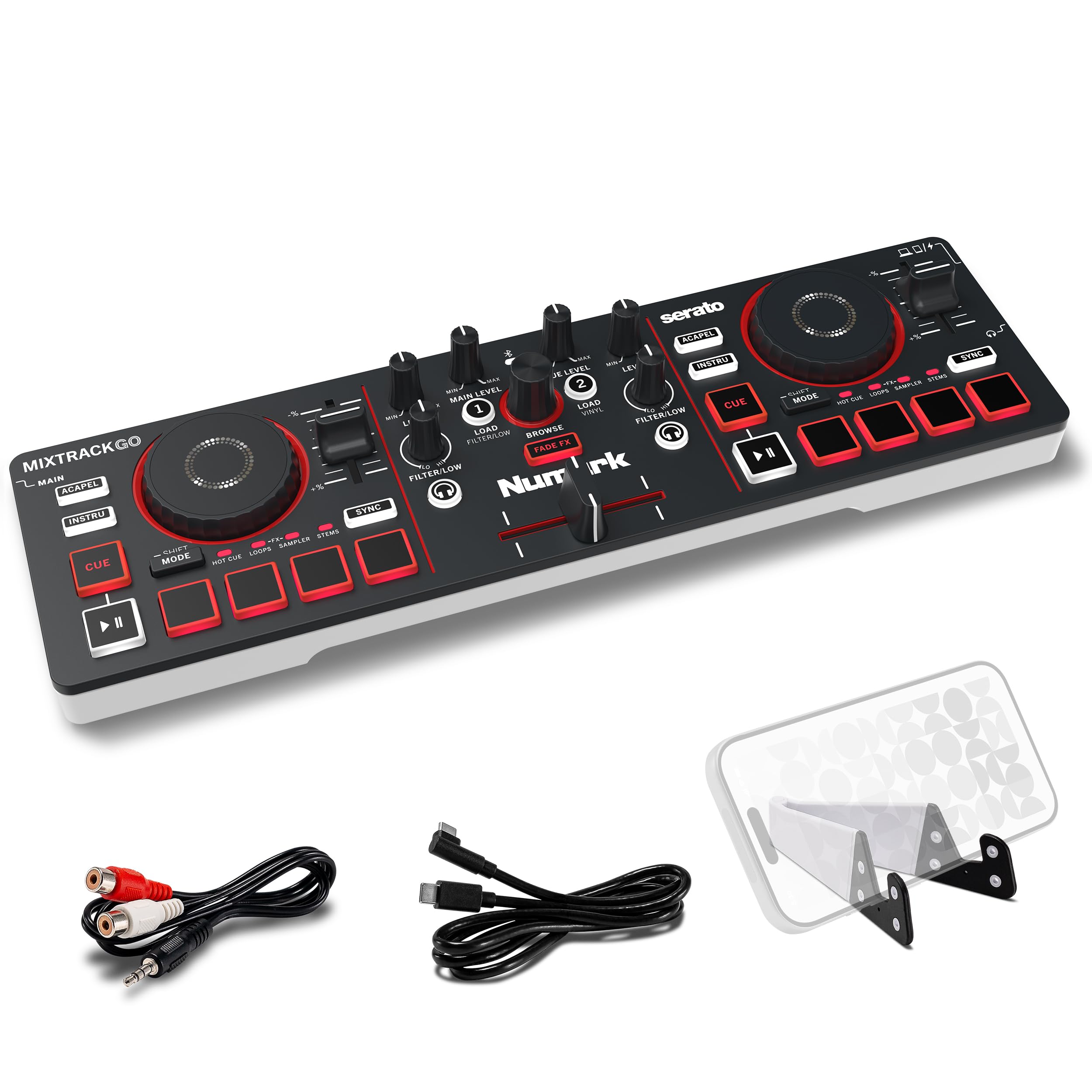 Numark Mixtrack Go Controller DJ Bluetooth Compatto con Stems Control | Mixer DJ 2 deck, principianti e DJ mobili, Smart Fader, USB-C, Serato DJ Lite e Algoriddim djay inclusi, Gen 4