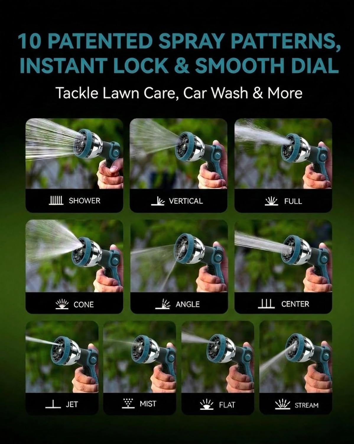 Garden Hose Nozzle Heavy Duty, Metal Water Hose Sprayer with 10 Adjustable Spray Patterns, Thumb Control On Off Valve, High Pressure Hose Nozzle for Watering, Cleaning, Car Washing - 2Pack