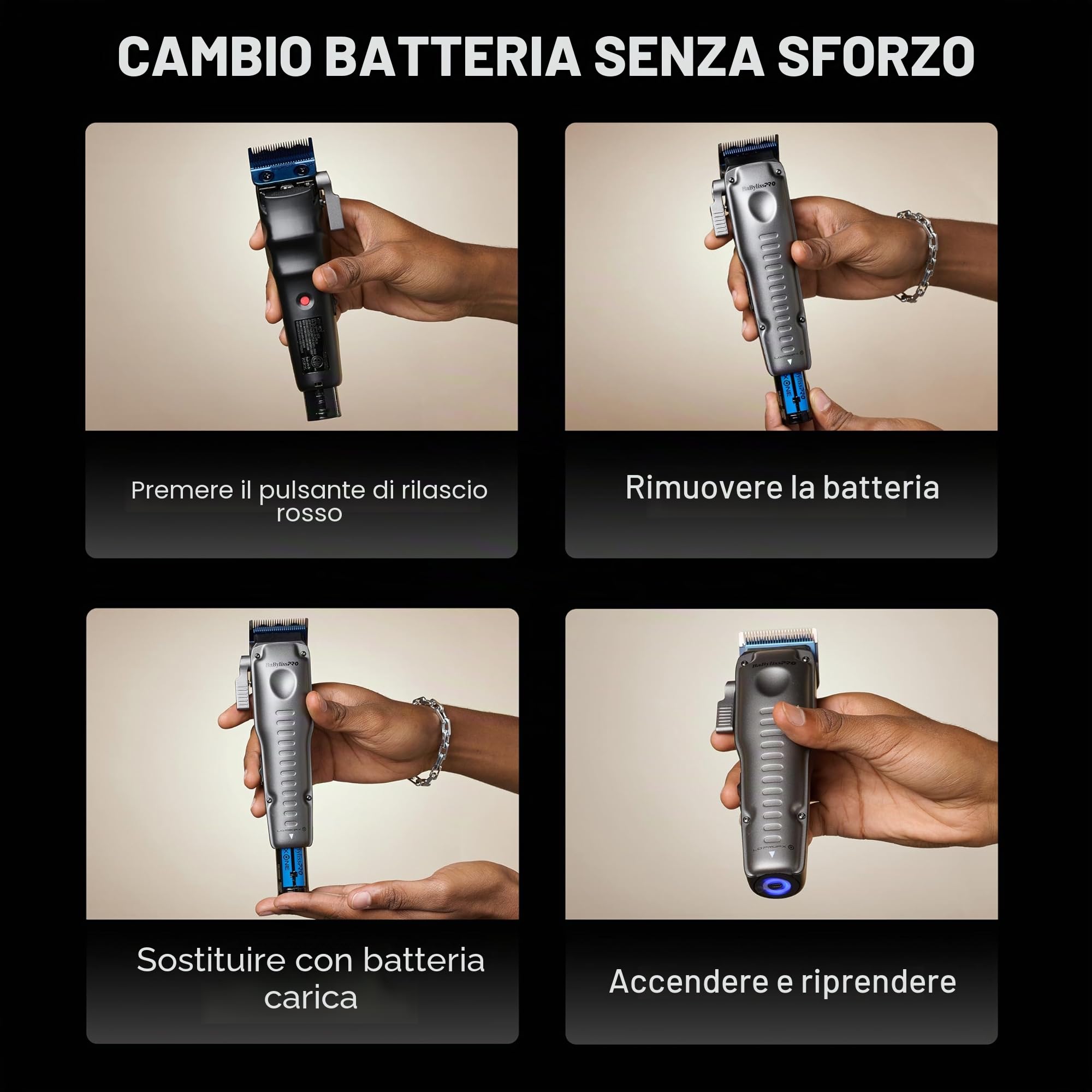 BaBylissPRO Tagliacapelli ad alte prestazioni FXONE LO-PROFX con batteria intercambiabile, 8 pettini e lama in metallo