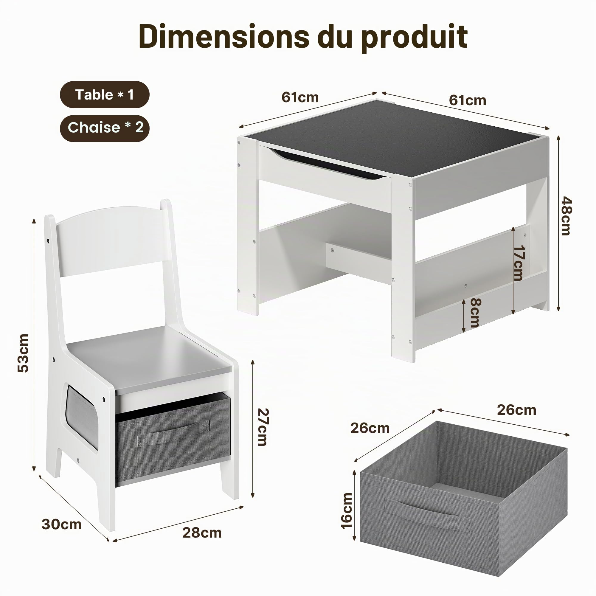 Xbro 4 en 1 Table Enfant avec 2 Chaises, Table de Dessin avec Plateau Réversible et Tableau Noir, Petit Bureau Enfant avec 2 Boîtes de Rangement Amovible, Étagères à Livres, Blanc