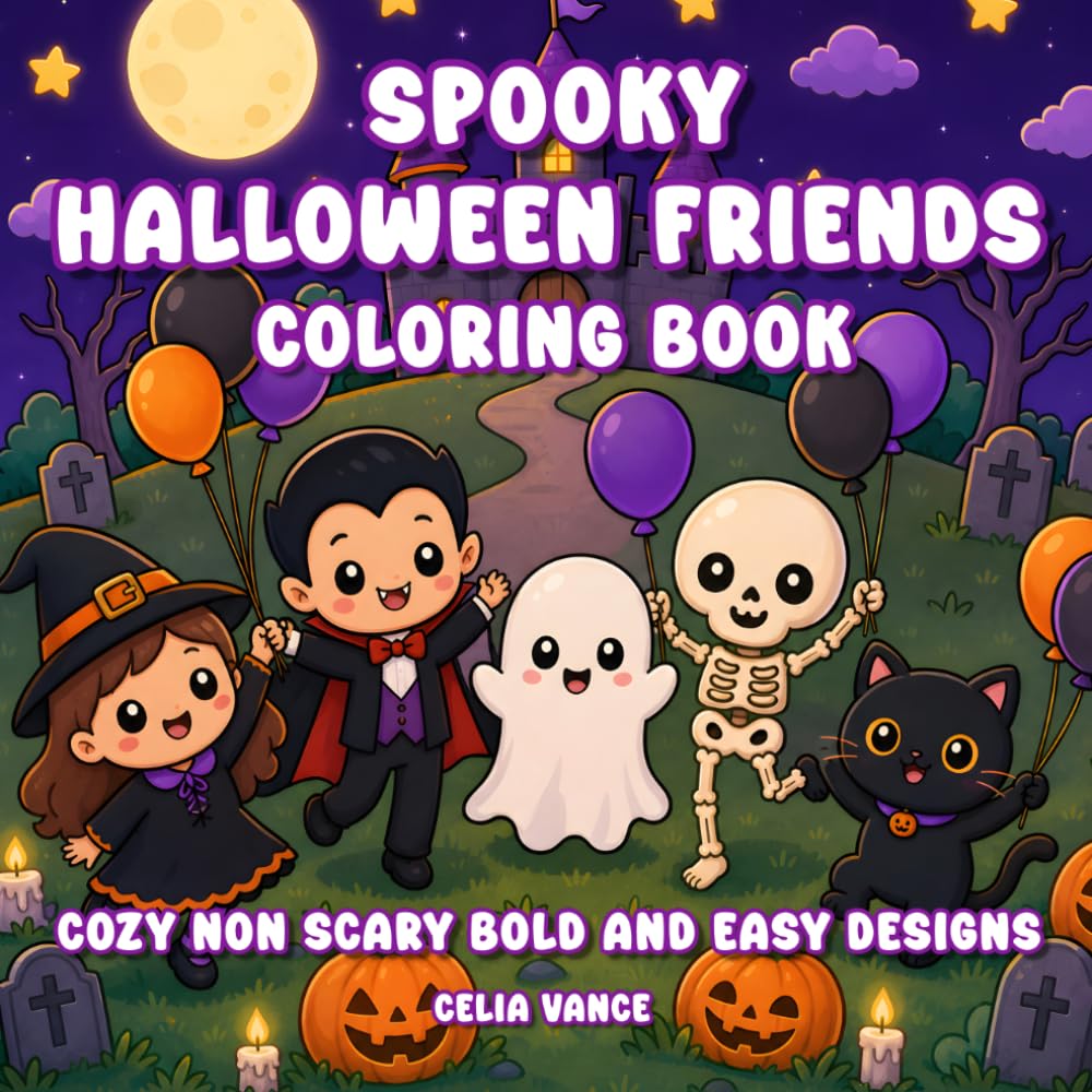 Spooky Halloween Friends Coloring Book: Cozy Non Scary Bold and Easy Designs Relaxation for Kids and Teens