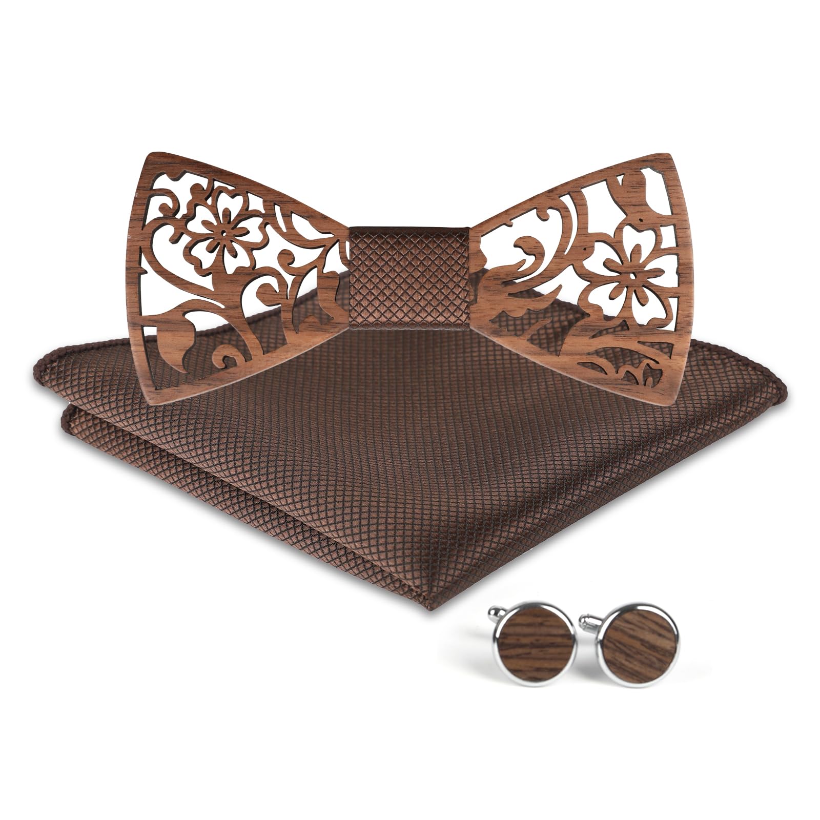 Mr.Van Noeud Papillon Bois les hommes, Naturel Noir Noyer Creux Sculpture Fleurs, Coffret en Bois (comprenant Boutons de Manchette,Mouchoir et Noeud papillon) pour Groomsman de Mariage Business