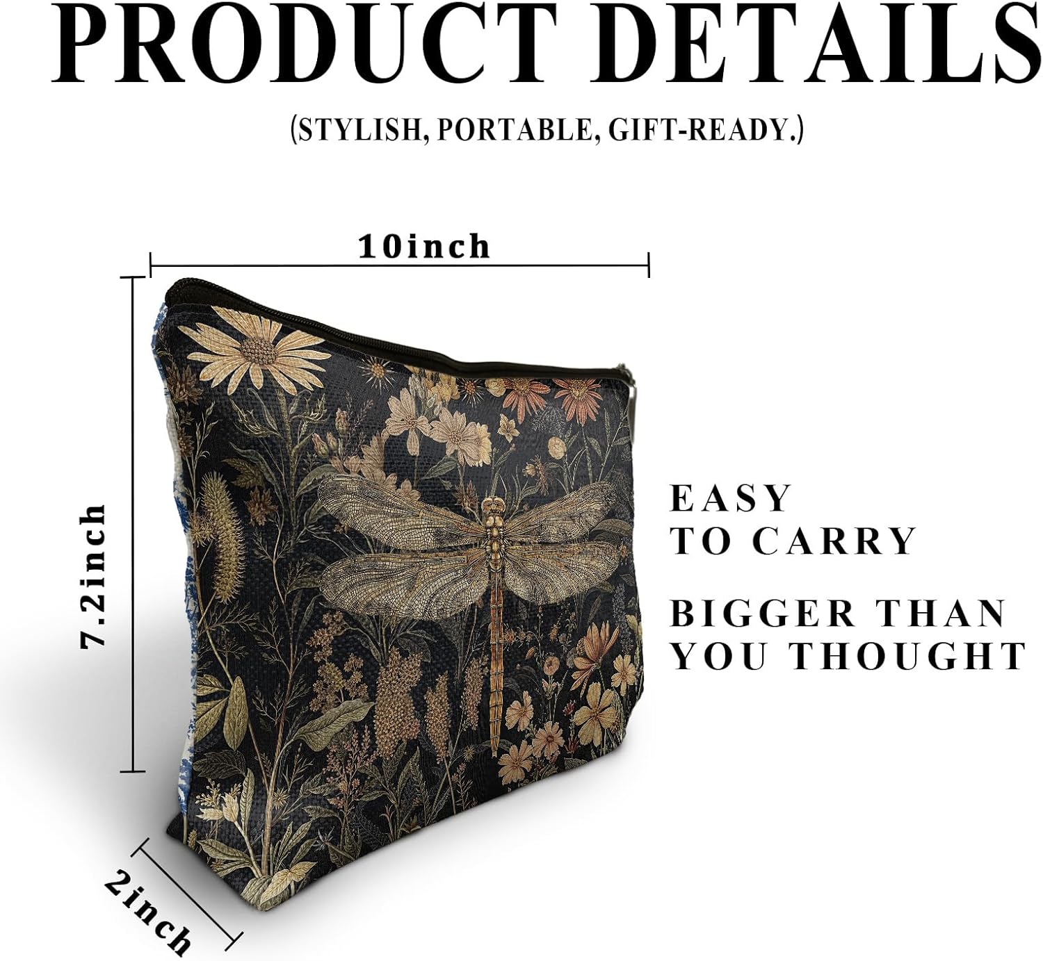 Moody Floral Dragonfly Makeup Bag, Dark Cottagecore Botanical Dragonfly Cosmetic Bags for Women, Vintage Wildflower Insect Makeup Zipper Pouch - Image 6