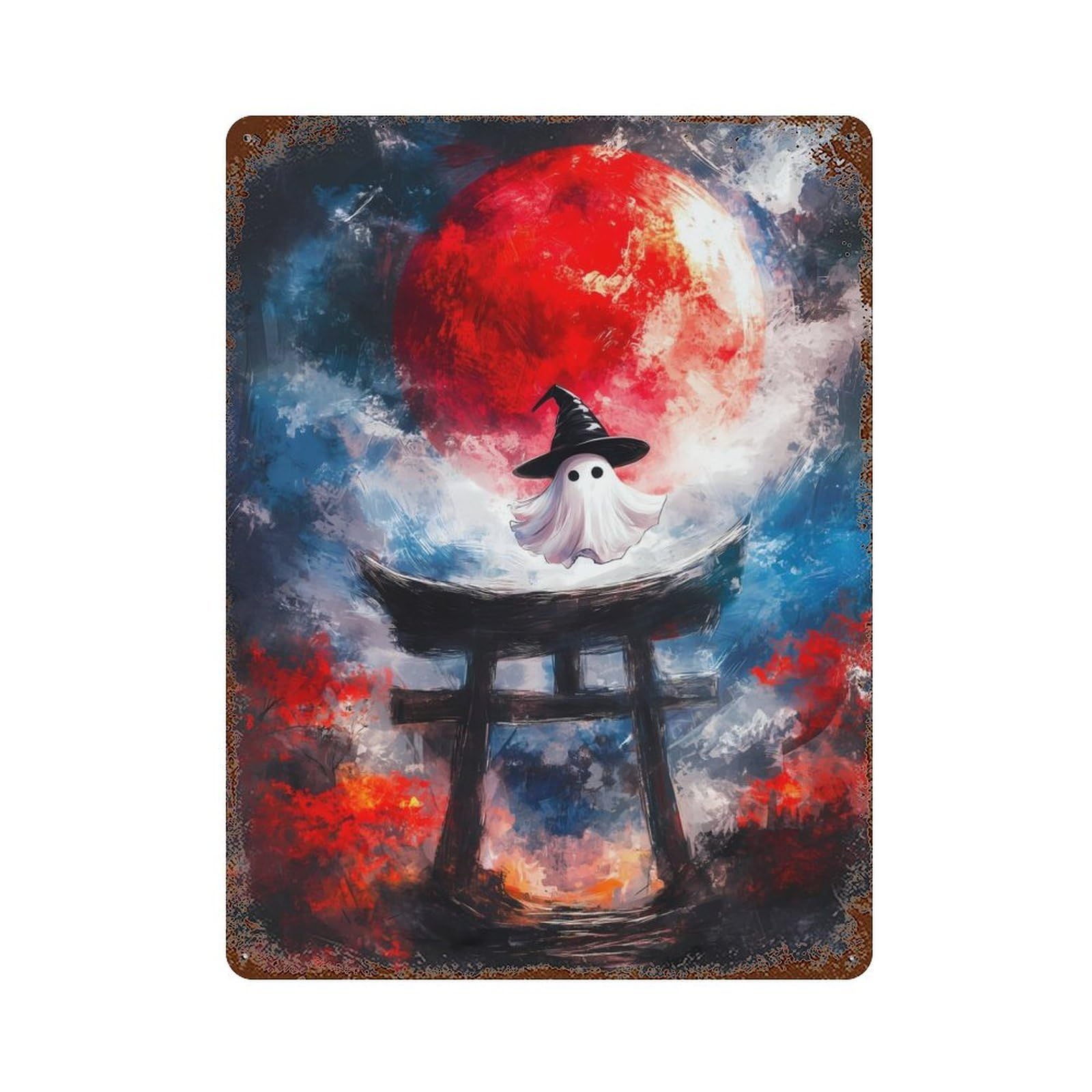 Ghost in Torii Gate Rustic Tin Plaque 15.7"x11.8", for Living Room, Hallway And Home Decor, Decorative Metal Wall Art