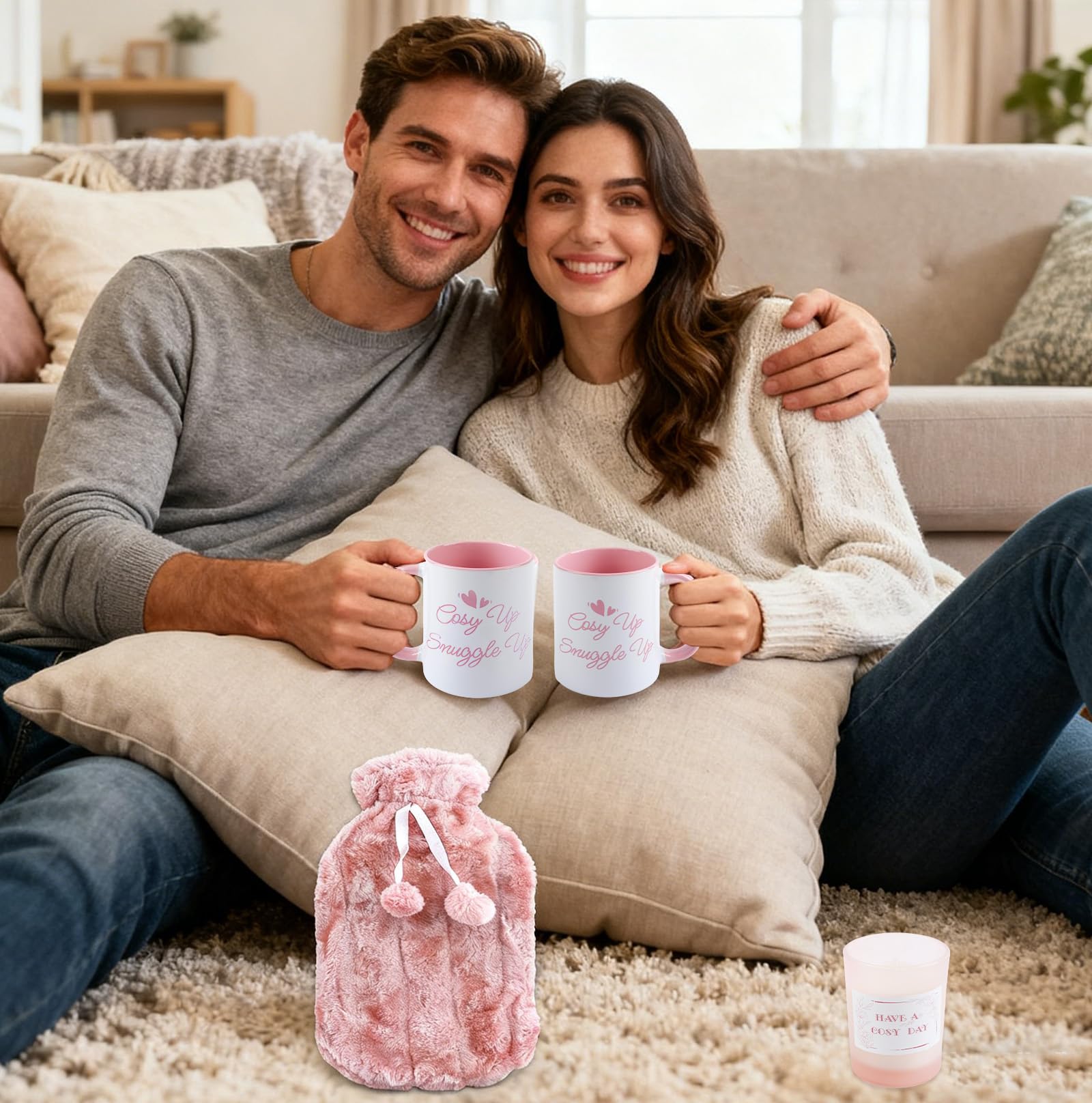 Wärmflasche, Geschenke für Frauen enthalten Flauschige Wärmflasche, Duftkerze, Dicke Socken und Personalisierte Tasse, Wärmflaschenbezug Gemütliches Gegenwart für Frauen Männer Erwachsene(Rosa)