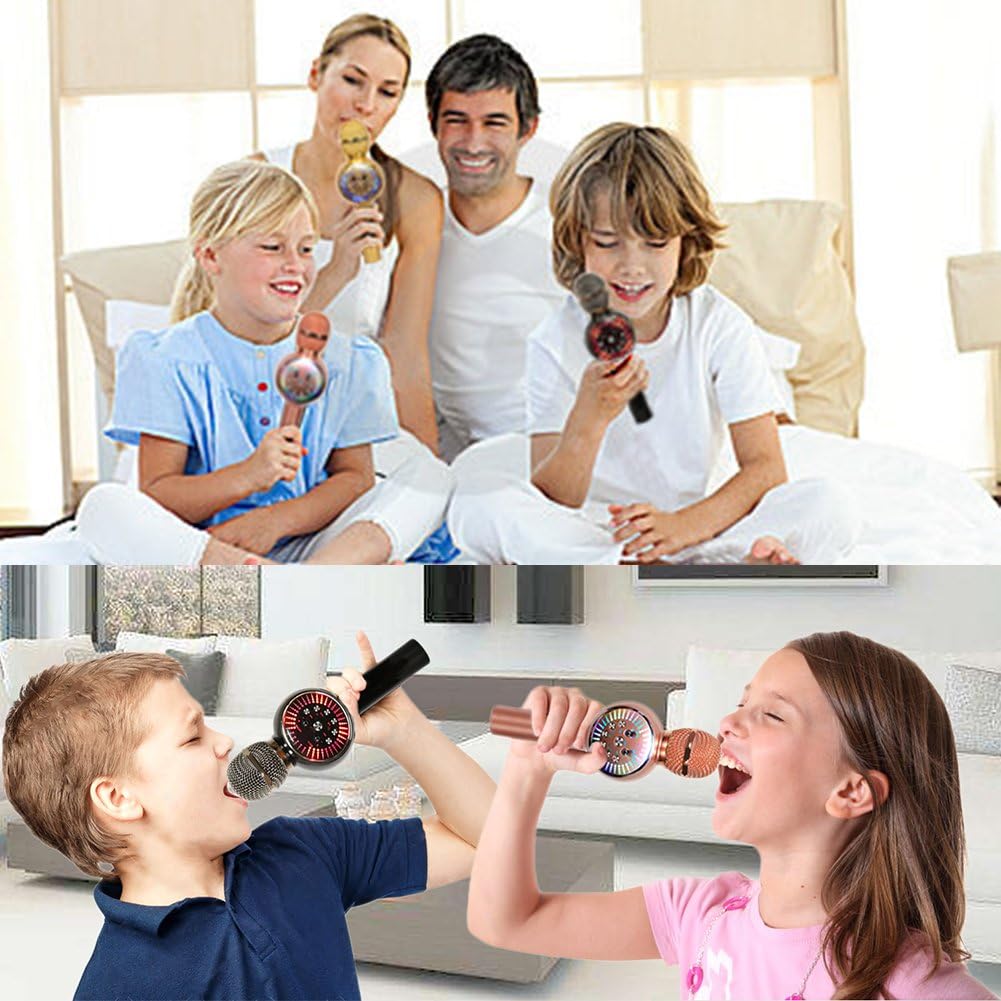 Black Friday - 80% OFF Karaoke Microphone Wireless Bluetooth Microphone for Kids Portable Handheld Karaoke Machine Home Party with LED Lights Duet Singing Recording for Android iPhone iPad Sony PC - 1PCS (Rose Gold)