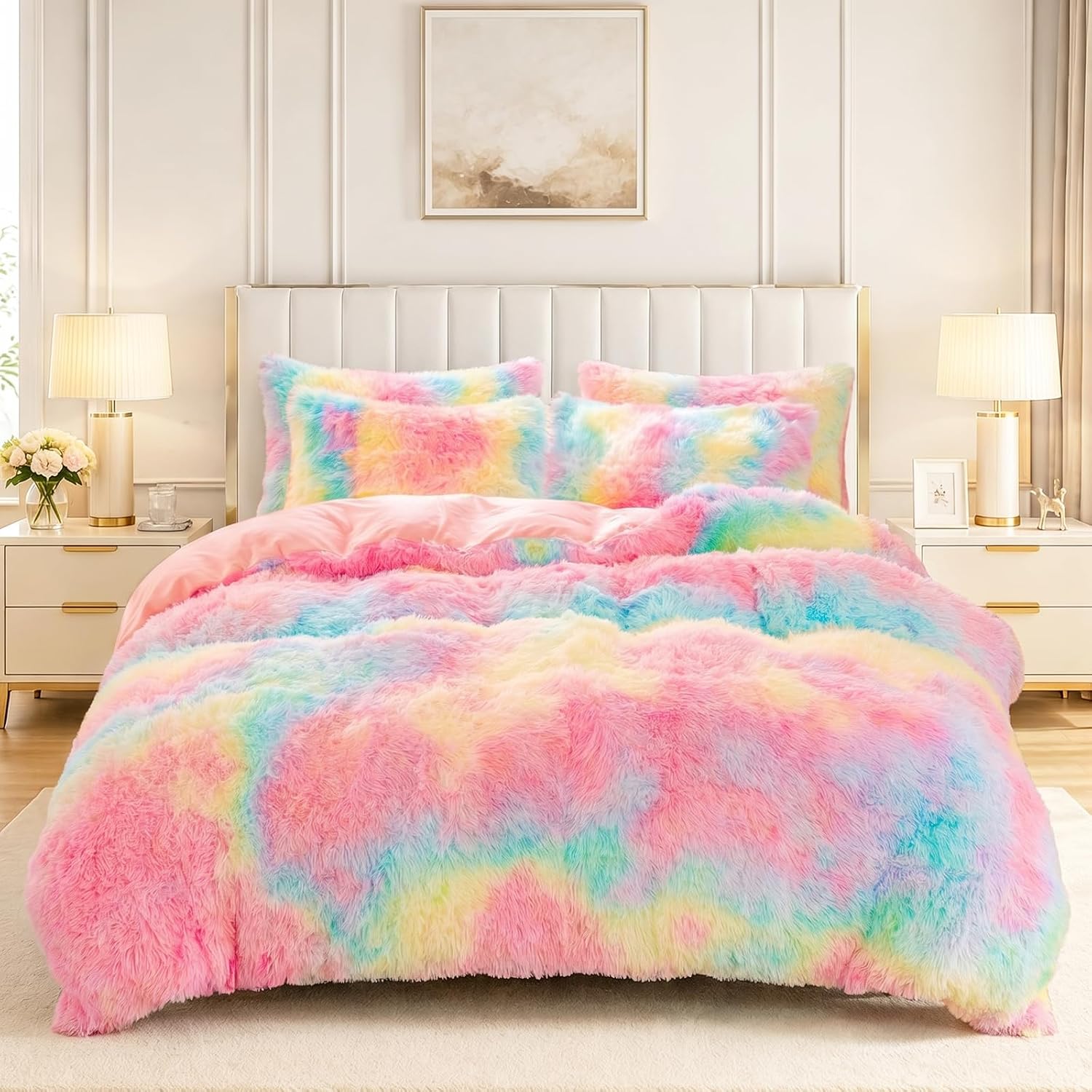 ZRNBAST Faux Fur Duvet Covers Full Size Rainbow Tie-dye Comforter Cover Set for Girls 3 Pcs Fluffy Colorful Ombre Plush Shaggy Bed Sets for Teens Women (Rainbow,Full)