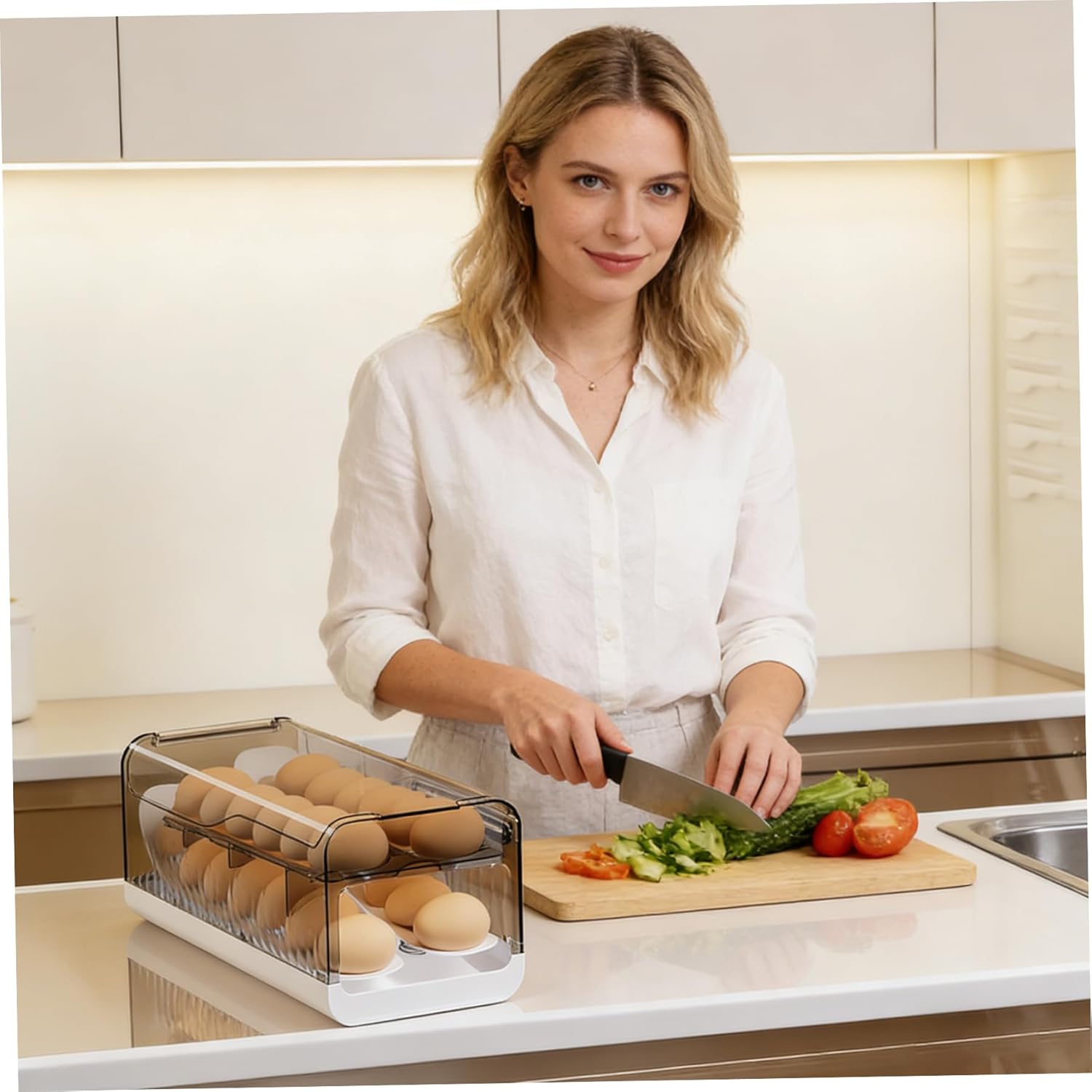 Egg Dispenser for Refrigerator, Stackable Egg Holder with Lid Rolling Eggs Organizer Clear Fridge Storage Container, Grey