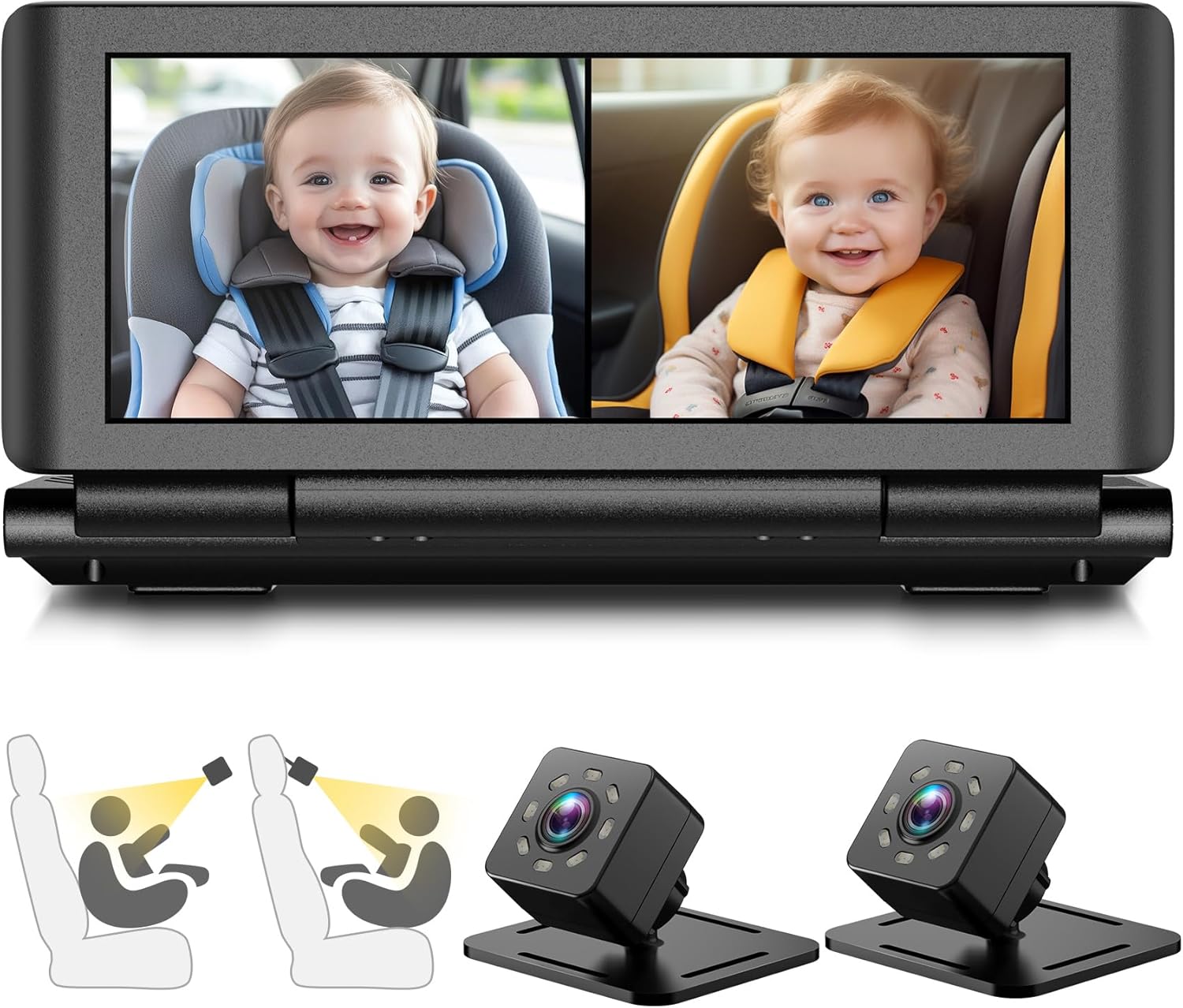 Baby Car Camera for 2 Kids, 6.86″ 1080P HD Split Screen Baby Monitor with Dual Backseat Cameras and IR Night Vision, Crystal Clear Wide View Baby Car Mirror for Rear Seat Safety (Not USB)
