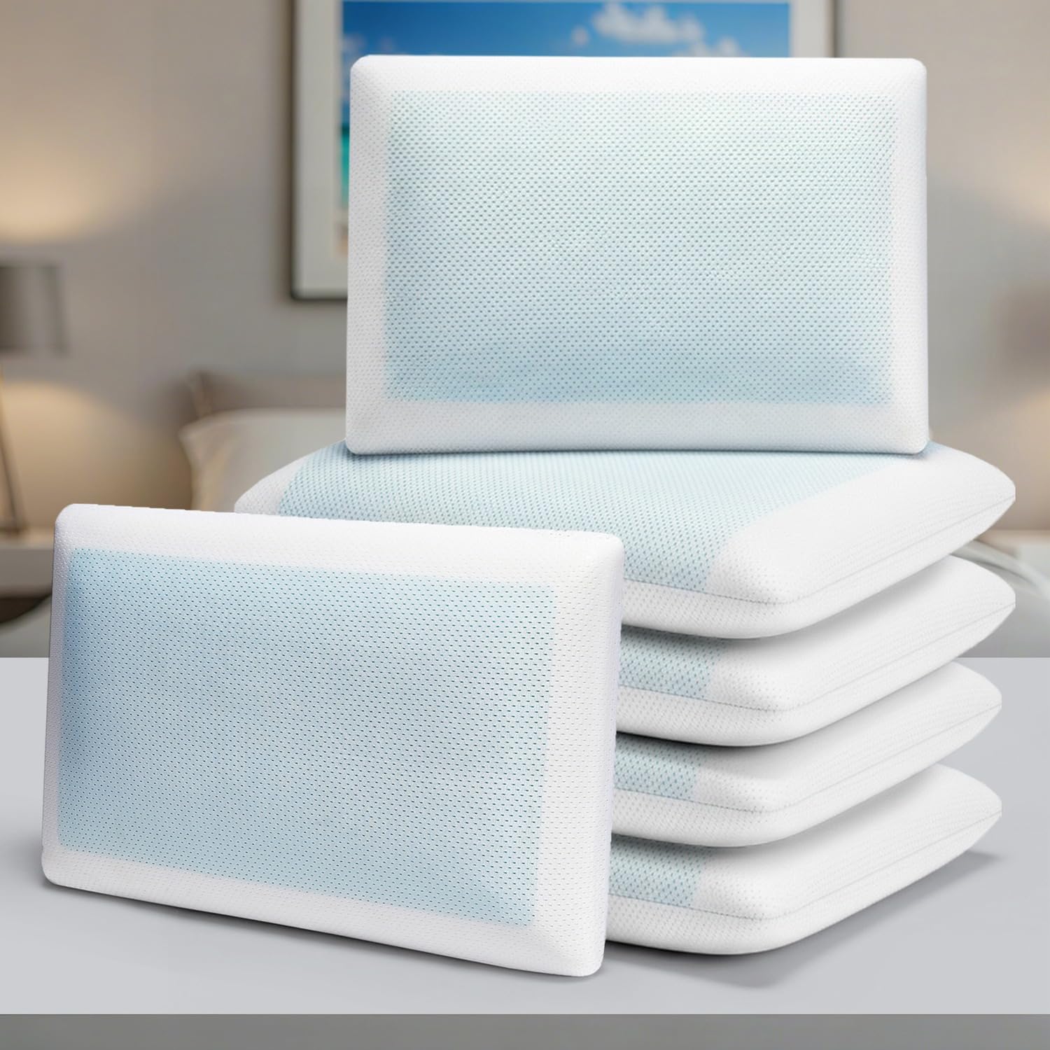 GC GAVENO CAVAILIA Cooling Memory Foam Pillow Pack of 6 | Gel Shredded Memory Foam Pillows For Stomach Side Sleeper Bed Pillow 60x40 Cm | Medium Firm Back Shoulder Support Neck Pillow For Sleeping