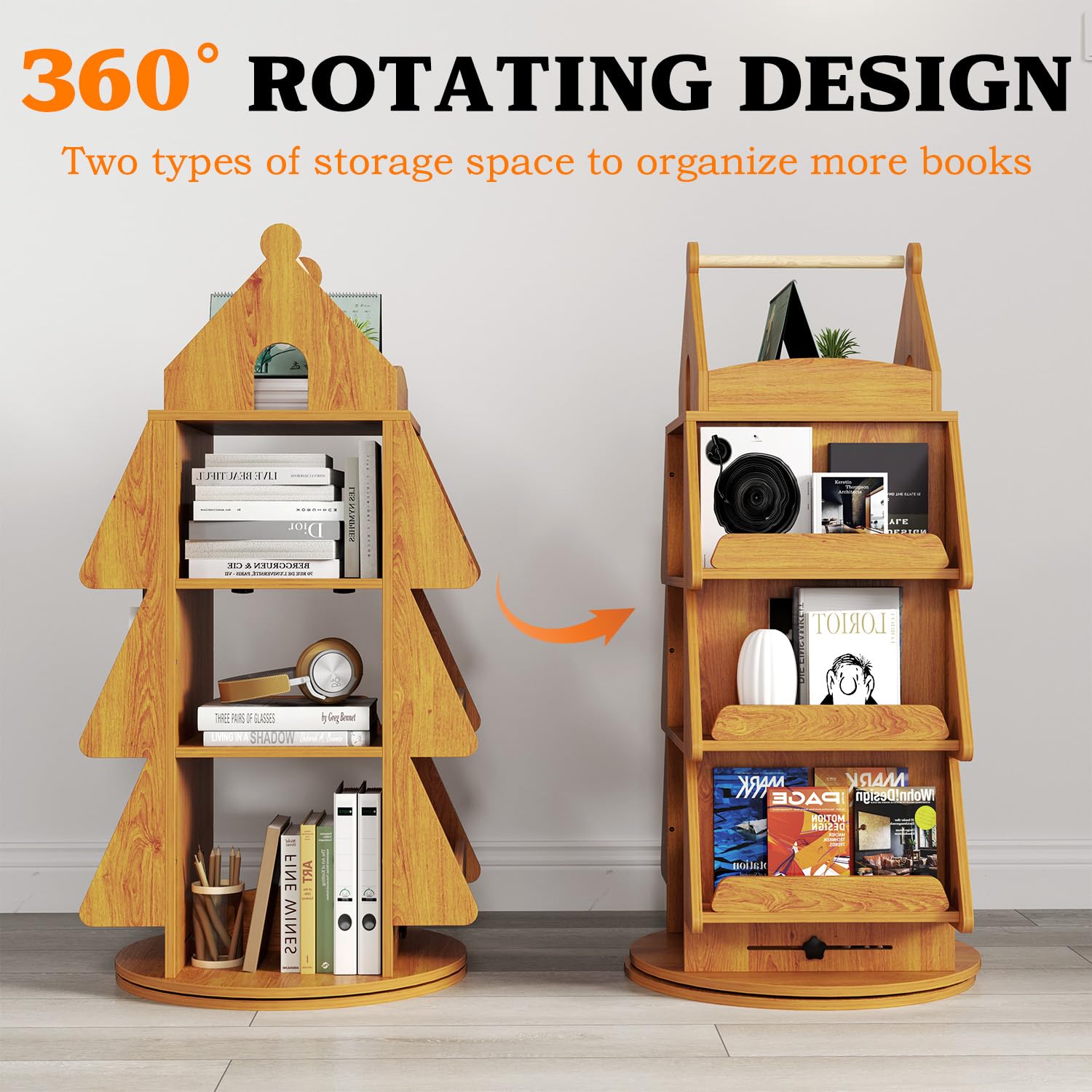 360 ° drehbares Bücherregal, Weihnachtsbaum-Display, Bücherregal, kreativ, bodenstehend, Bücherregal, Holz, Buchaufbewahrung, Organizer für Zuhause, Wohnzimmer, Schlafzimmer, Höhle