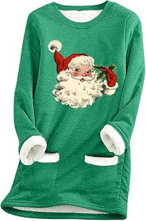 2025 - Jersey navideño para mujer, manga larga, cuello redondo, forro polar, bolsillo, acolchado, suéter térmico muy cálido