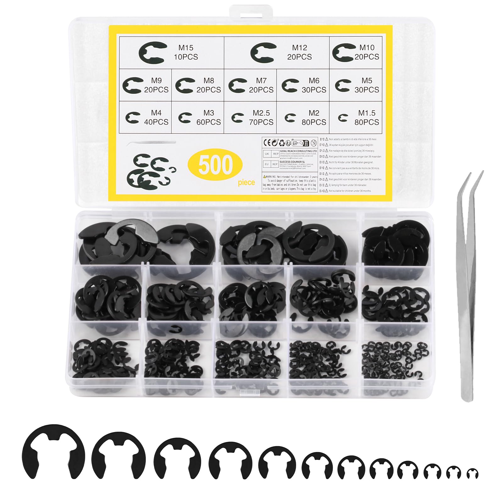 500 Pcs Circlips Assorted Sizes, E Clips, E-Clips Circlip External Retaining Rings Assortment Set, Snap Opening Ring Circlips Kit, C-Clips, M1.2-M15