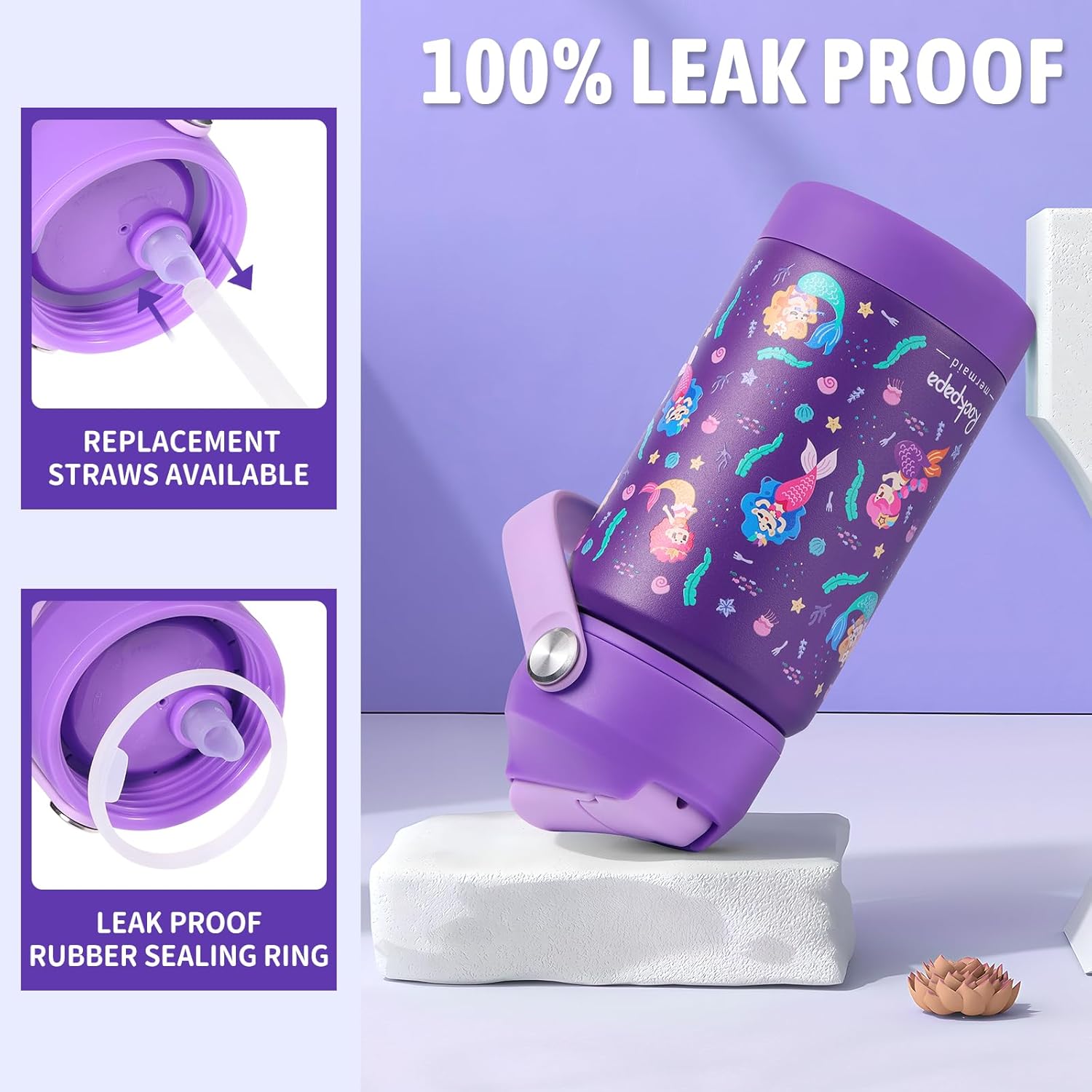 rockpapa 14 oz Kids Insulated Water Bottle,Stainless Steel Toddler Cups with Straws, BPA Free, Leak-Proof, Kids Water Bottle for School Boys& Girls (Purple Mermaid) - Image 4