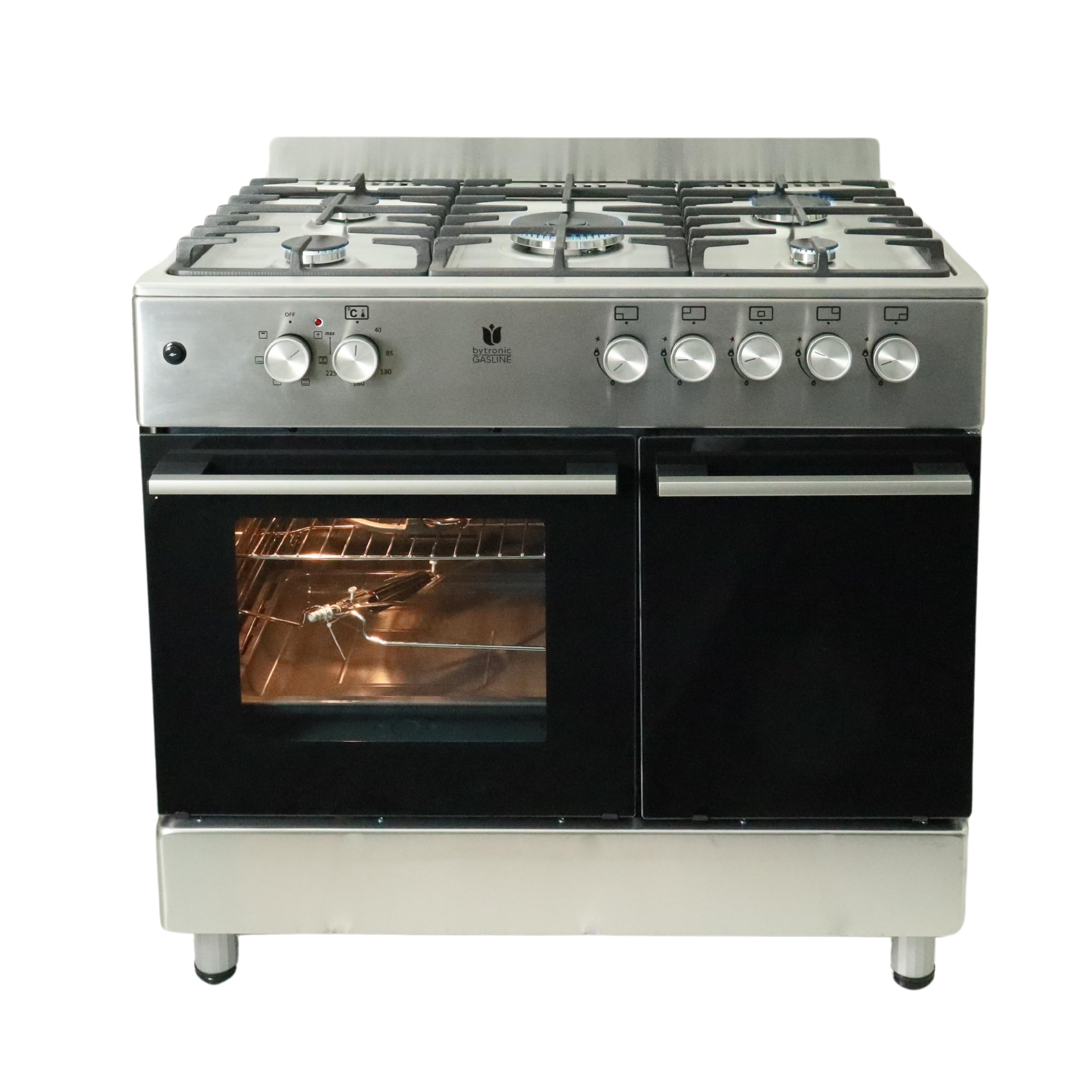 Gasline Gas Standherd mit Elektrobackofen und Flaschenschrank 90cm GAG90GOXFLE Edelstahl, Propan Regler 50Mbar + Gasschlauch